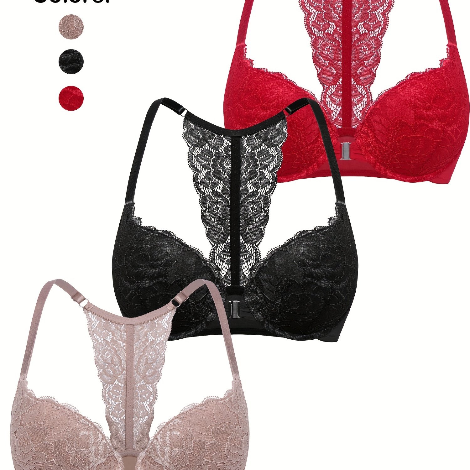Image of 3 Pack Front Closure Push Up Bras For Women, Comfortable Padded Lace T-shirt Bra, Lace Racerback Push Up Bra, Ultra Soft And Lightweight, Lightly Lined, Women's Lingerie, Underwire