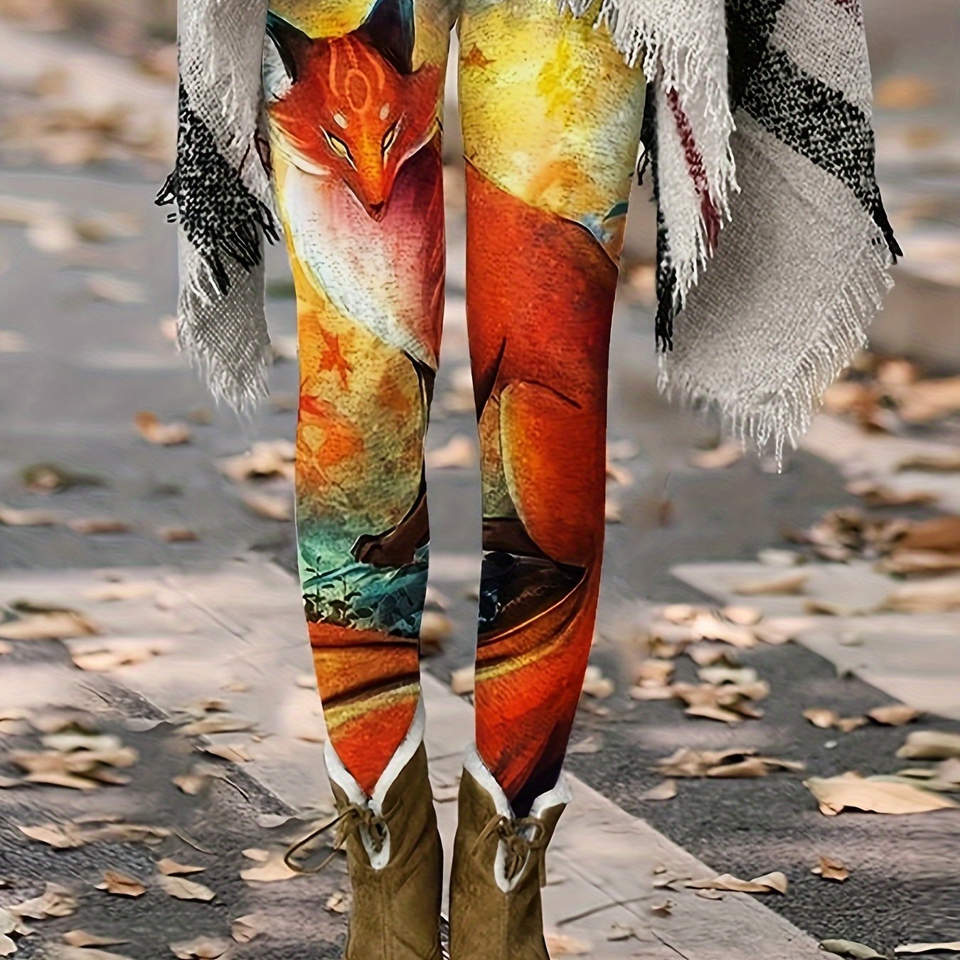 Fox Print Skinny Leggings Casual Elastic Waist Stretchy - Temu