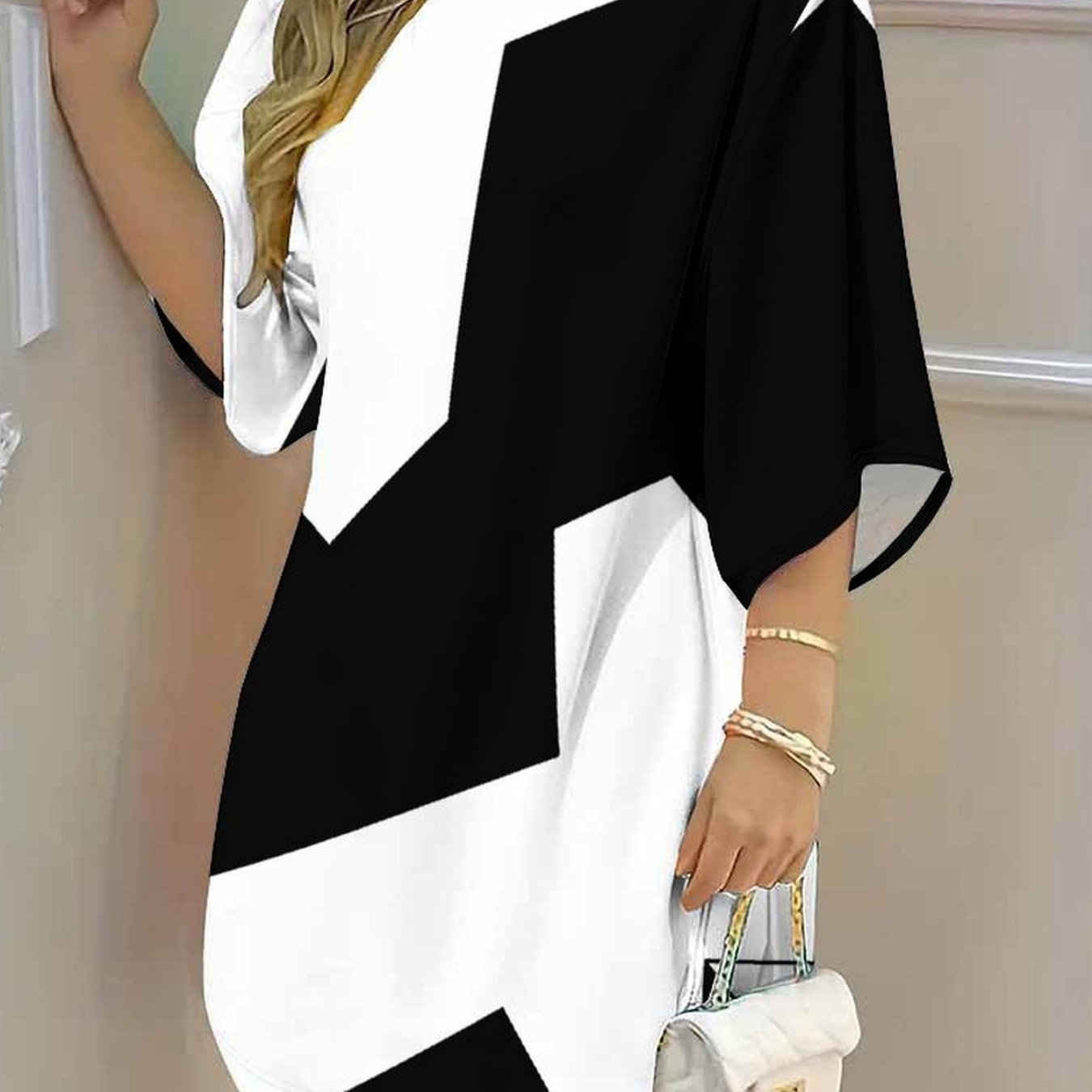 Image of Plus Size - Women's Dress, Women's Plus Size Dress, Geometric Pattern, Bohemian Style Party Occasion, Casual Vacation, Elegant Women's Fashion Round Neck Mid Sleeve Dress
