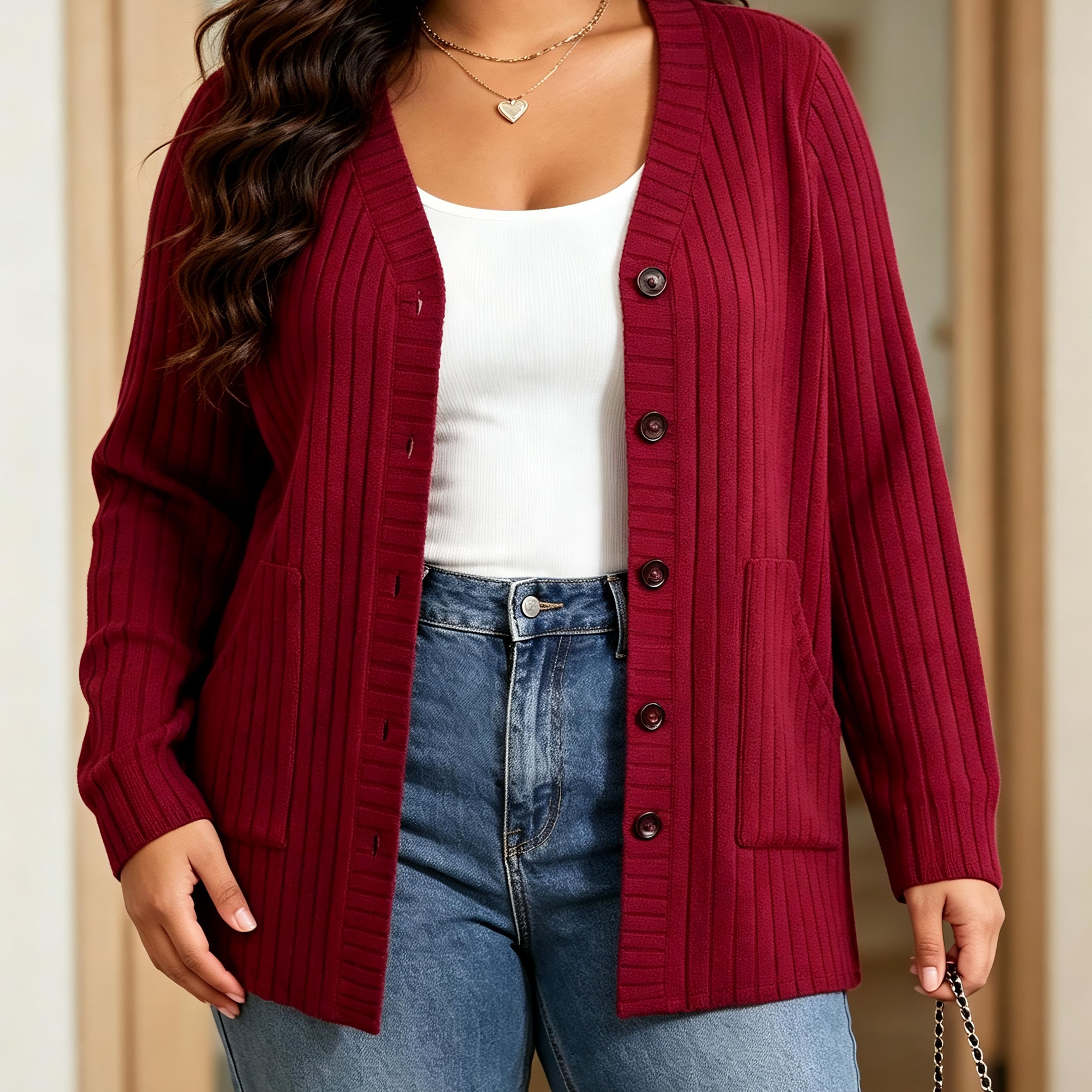 TEMU Plus Size, Women's Plus Size Loose Fit Cardigan, Vertical Ribbed V Neck Long Sleeve Button Casual Outerwear