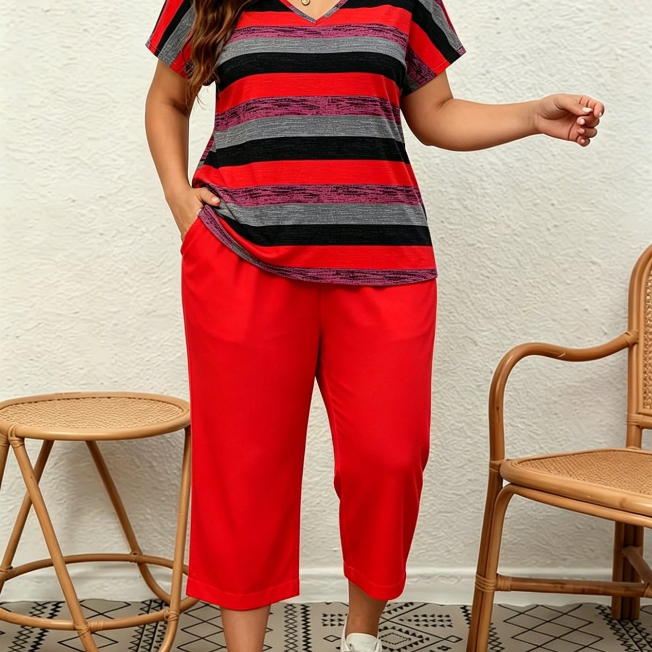 Image of Plus Size, Plate-size Suit - Women's V-neck Elegant And Fashionable 2pcs Set, Featuring A Striped Printed T-shirt And Pocket 7-inch Pants. Suitable For Daily , , And Vacations.