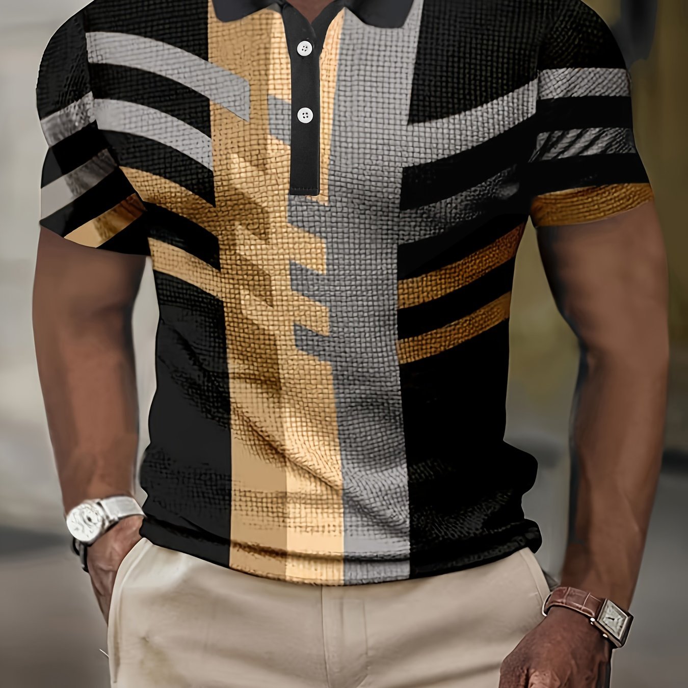 Men's Short Sleeve Collared Shirt, Retro Geometric Color Block Print Button-up Casual Top