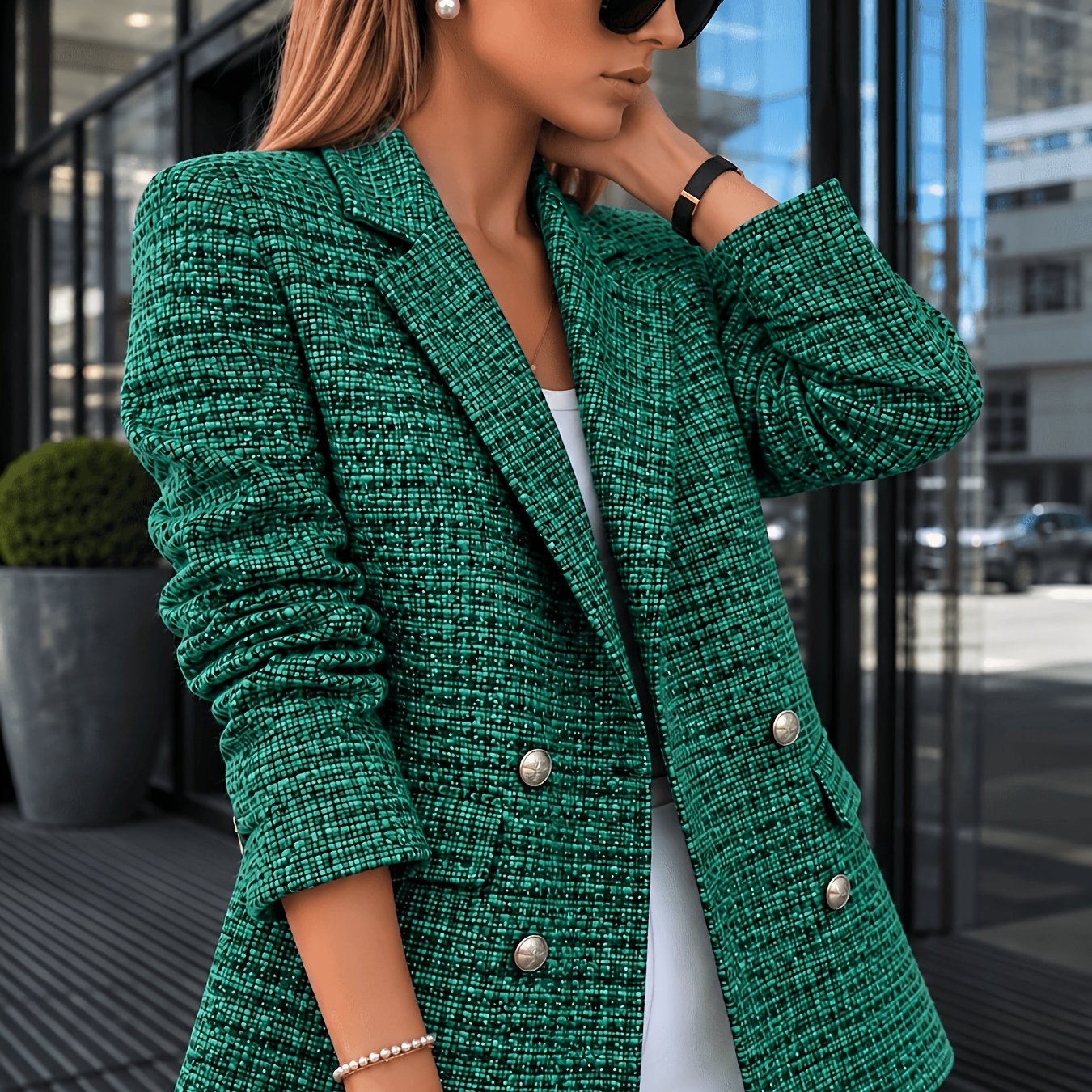 TEMU [ASD1] Elegante Chaqueta de Tweed para Mujer - Diseño de Botones Metálicos de Abotonadura, Blazer Ajustado en Línea H, Adecuada para Ir al