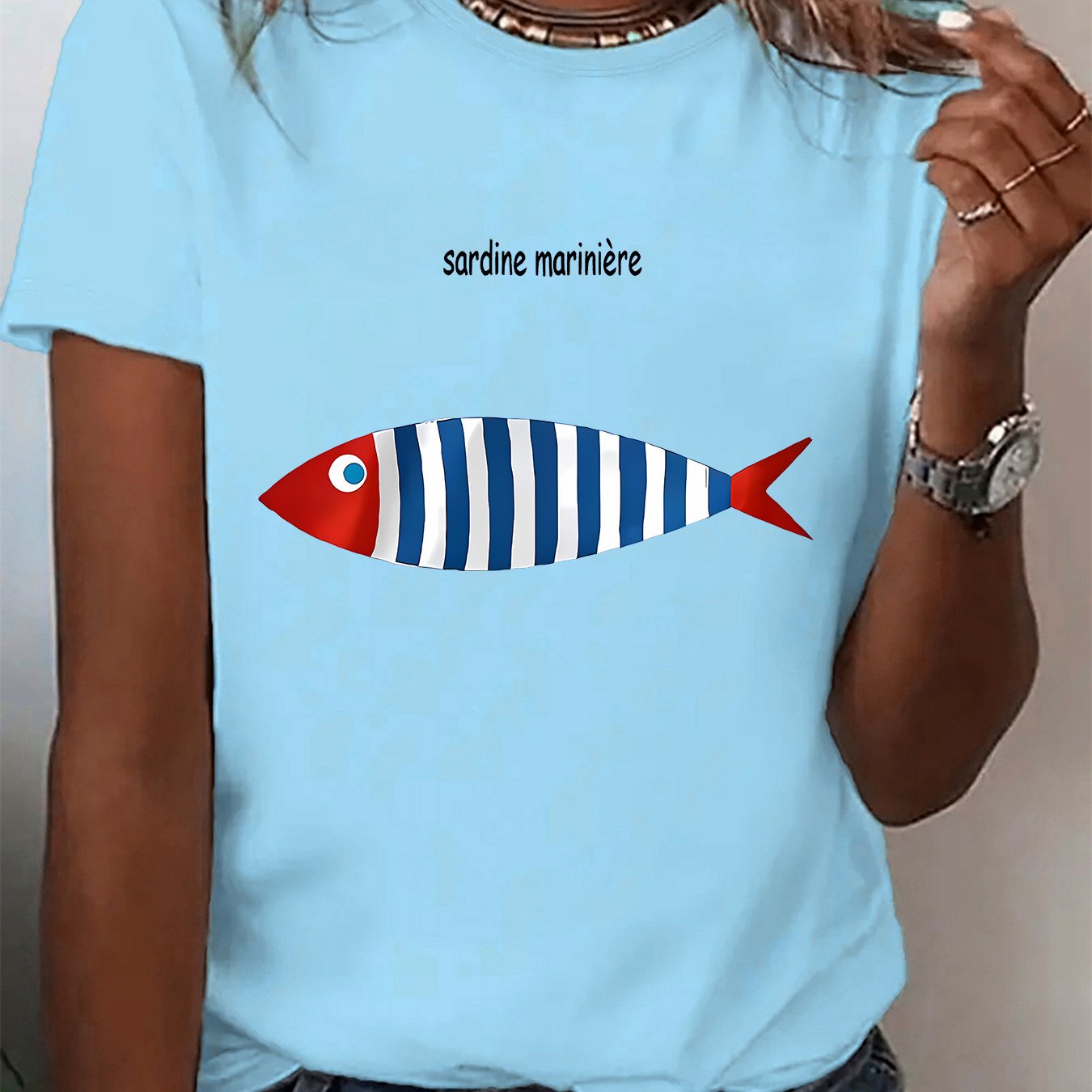 TEMU Women's Casual T-shirt - **fun Striped Sardine Print** - Printed Style - Women's Casual Sport T-shirt - Pretty Short Sleeves, Suitable For ,