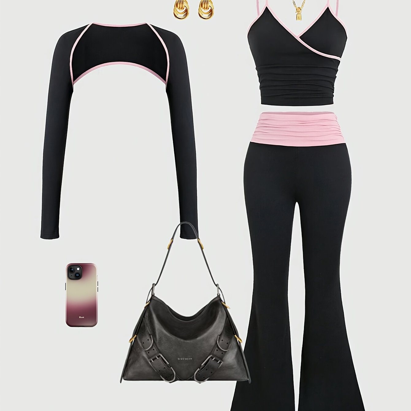 E-shop Frühlings-/Herbst-Kontrastbesatz Rundhals Langarm Kurzarm Top und Cami, Falten Wide Leg Hose Lässiges 3-teiliges Set mit Raffung Design Mode
