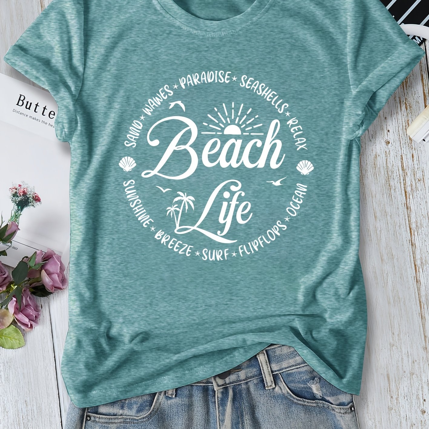 Image of Stylish Minimalist English Letter Print Elegant Round Neck Short Sleeve T-shirt Spring/summer Women's Casual Vintage Style Top In Multiple Colors S-xxl