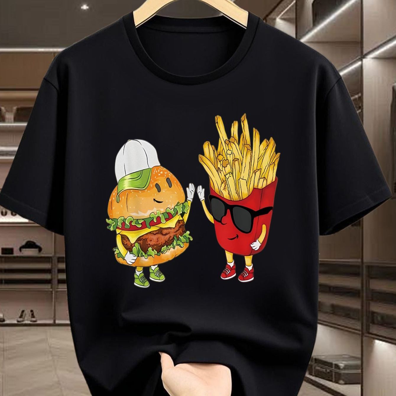 TEMU Men's T-shirt With Fun Cartoon Hamburger And Fries Anthropomorphic Character Print, Creative And Unique Top