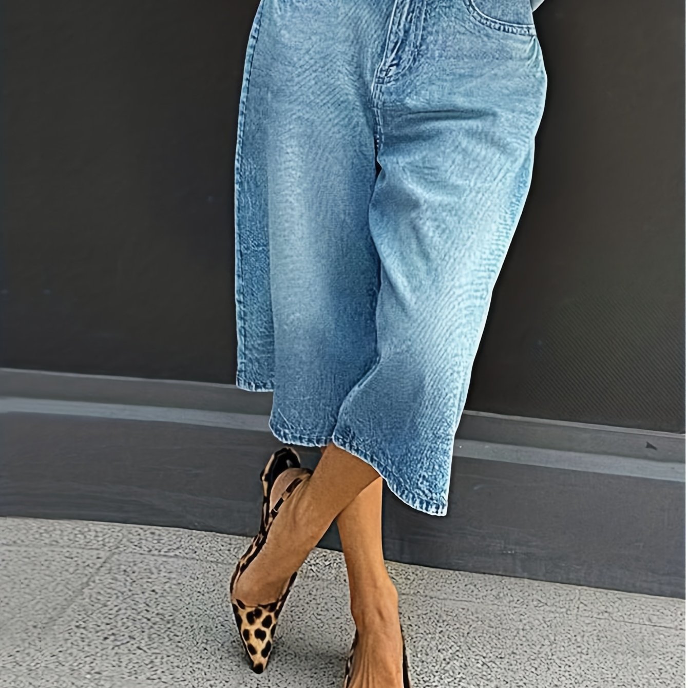 TEMU Plus Size High-waisted Straight Cropped Jeans - Relaxed Stretch Denim With Washed