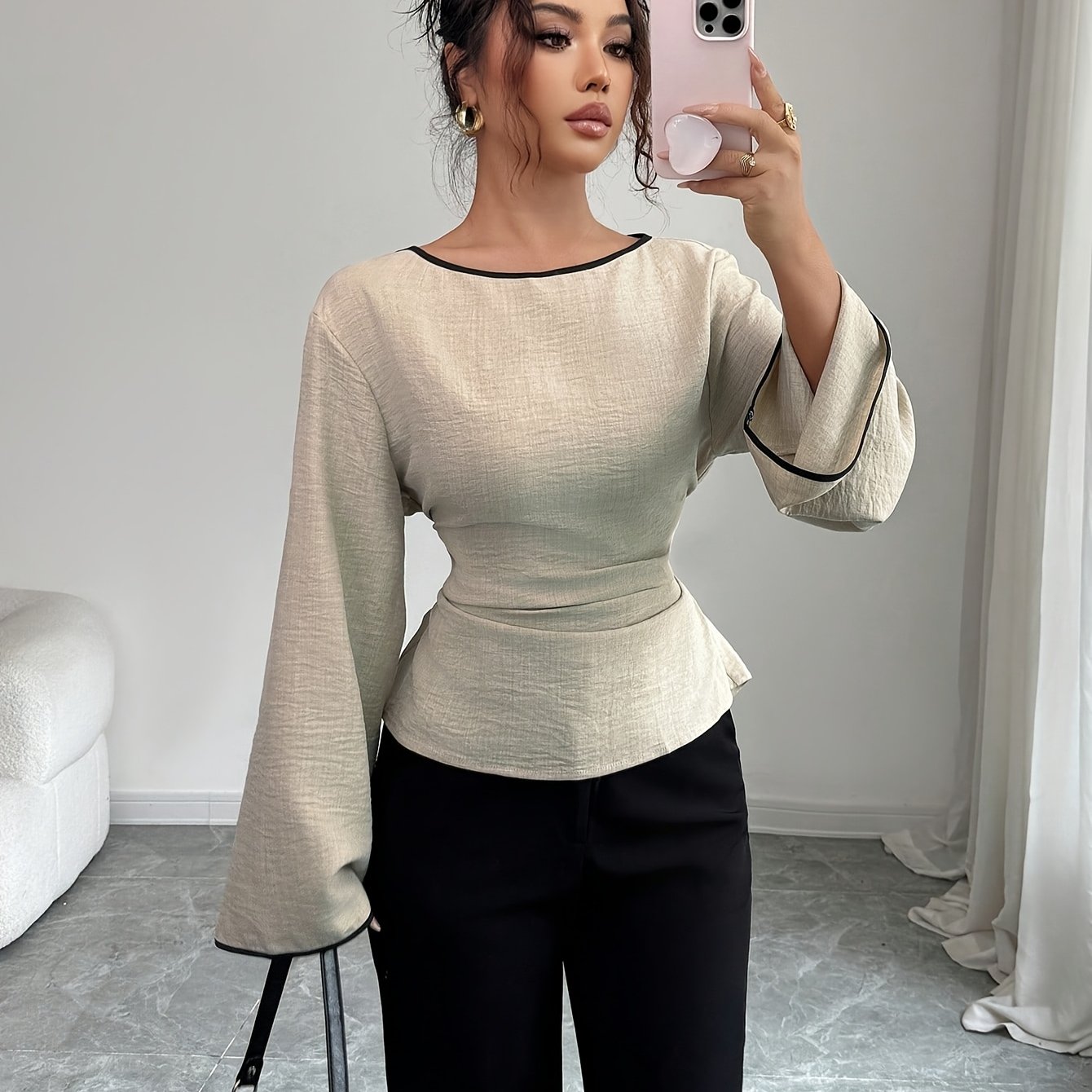 Image of Round Neck Ruffle Cuff Flared Sleeve Pleated Fashion Shirt