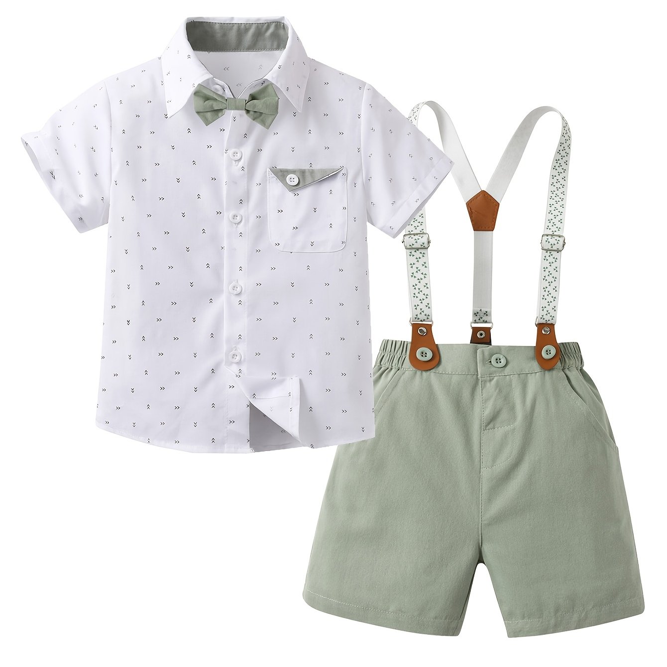 Image of Boys' New Short-sleeve Shirt 4pcs Set, Gentleman Bow Tie, White , Short-sleeve Shirt, Suspenders, Green Shorts Suit, Party, Small And Medium-sized Treasure, Outfits For Day Banquet