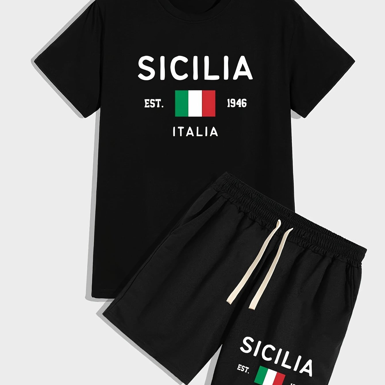 TEMU Italie Sicile, Impression 1946, Ensemble 2 pièces pour Homme, T-shirt d'été à Col Rond et Manches Courtes et Short à Cordon