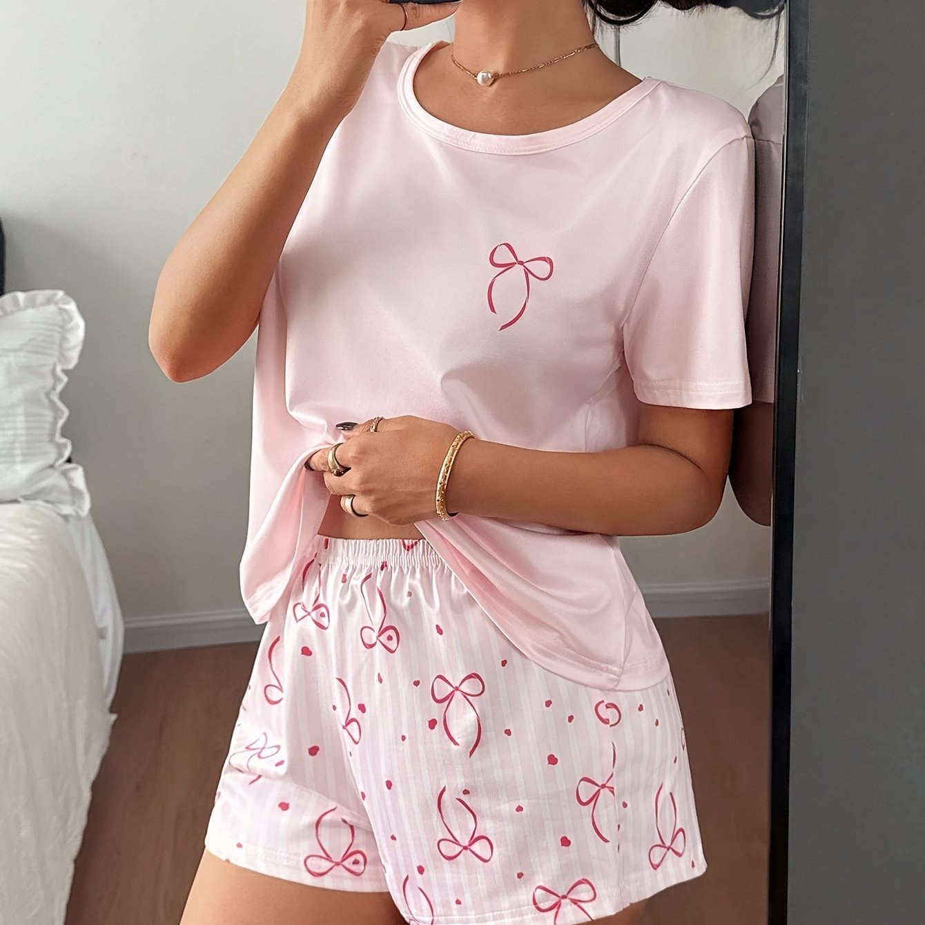 TEMU Summer Women's Pink Cartoon Printed Short Sleeved Shorts Pajama Set