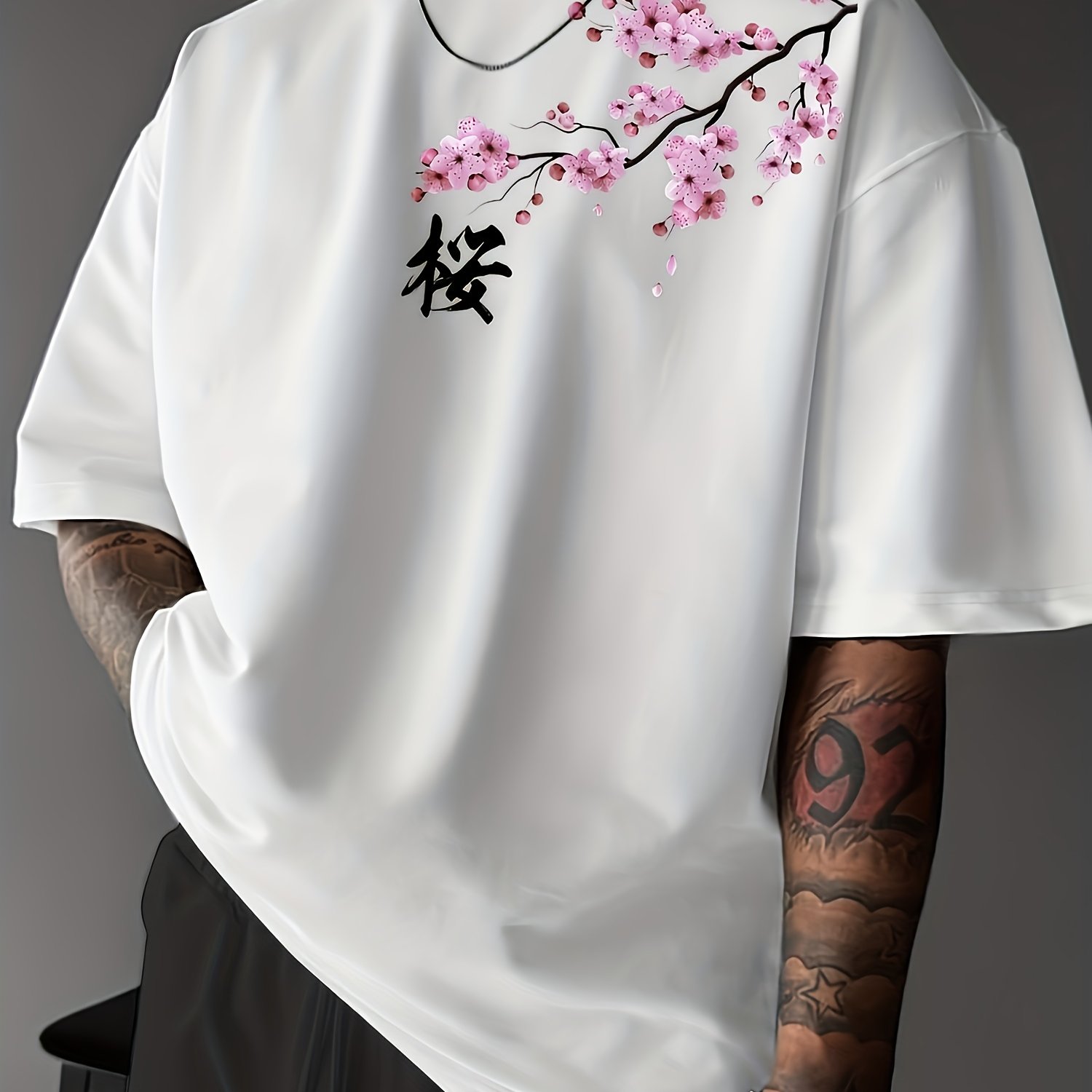 TEMU Men's Japanese Cherry & Print T-shirt - Beige Glossy With , Loose Neck Short Sleeve, Comfortable Casual Top For Casual Attire & Japan Edgy