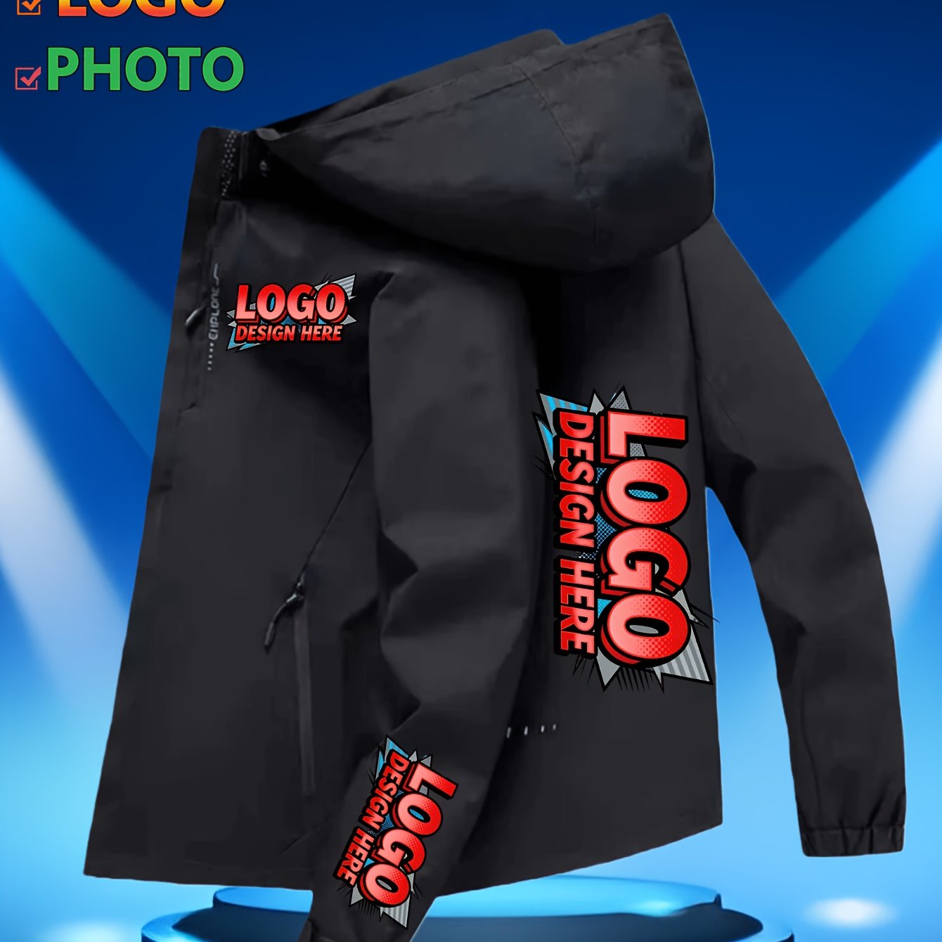 TEMU Men' Custom Logo, Pattern, And Print, Hooded Jacket - Personalized Brand Zippered Coat, Front Zipper Closure, Business Attire, Casual Wear -