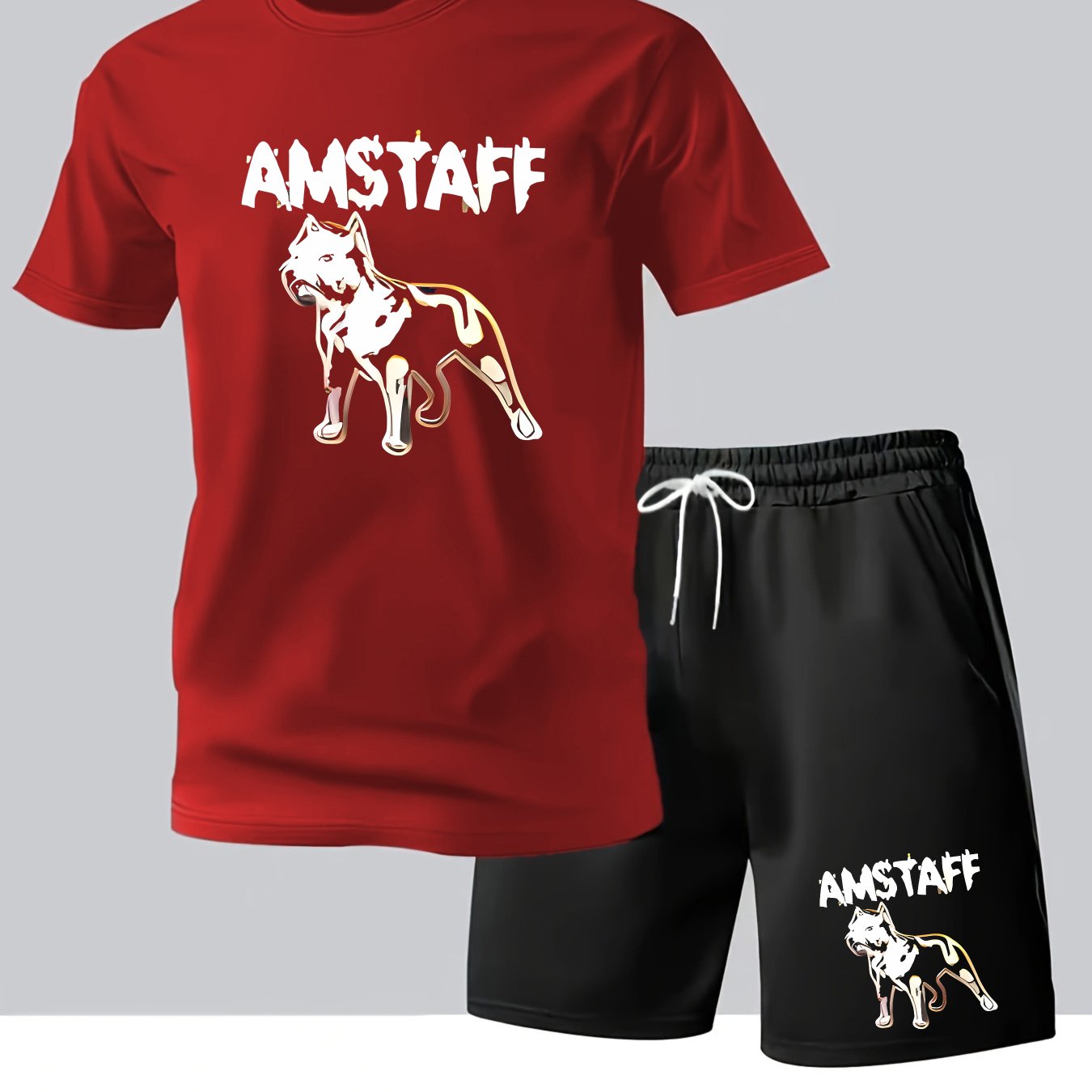 TEMU Men's Summer Comfortable 2pcs Set, American Staffordshire Terrier Print, Summer Outfit With Round Neck Short Sleeve And Shorts For Wear