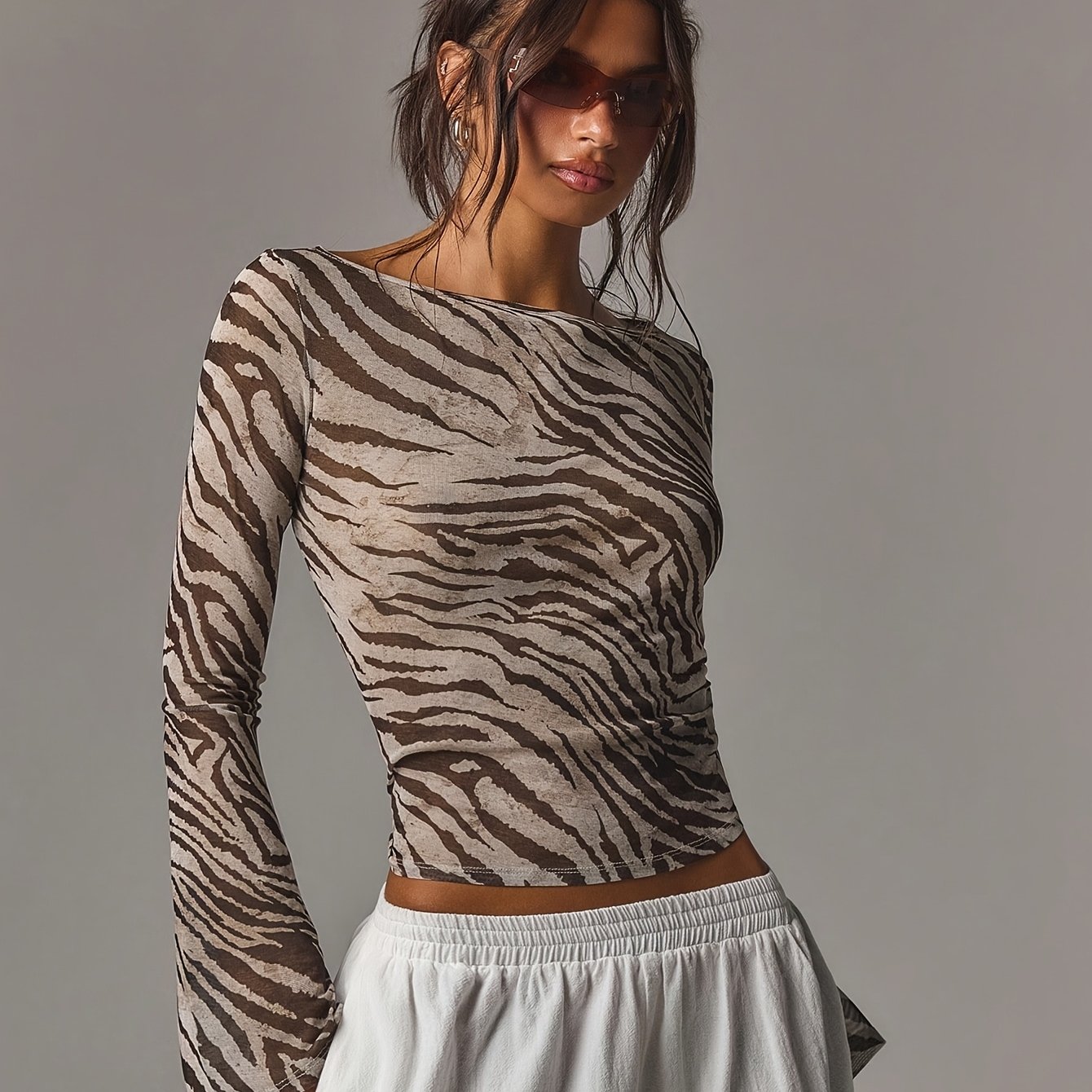 TEMU Women's Casual Sexy Printed Mesh Flared Sleeve Bodycon Top, Summer Style, , Date Wear, Outerwear Top, Y2k Style, Autumn Style, Halloween Style