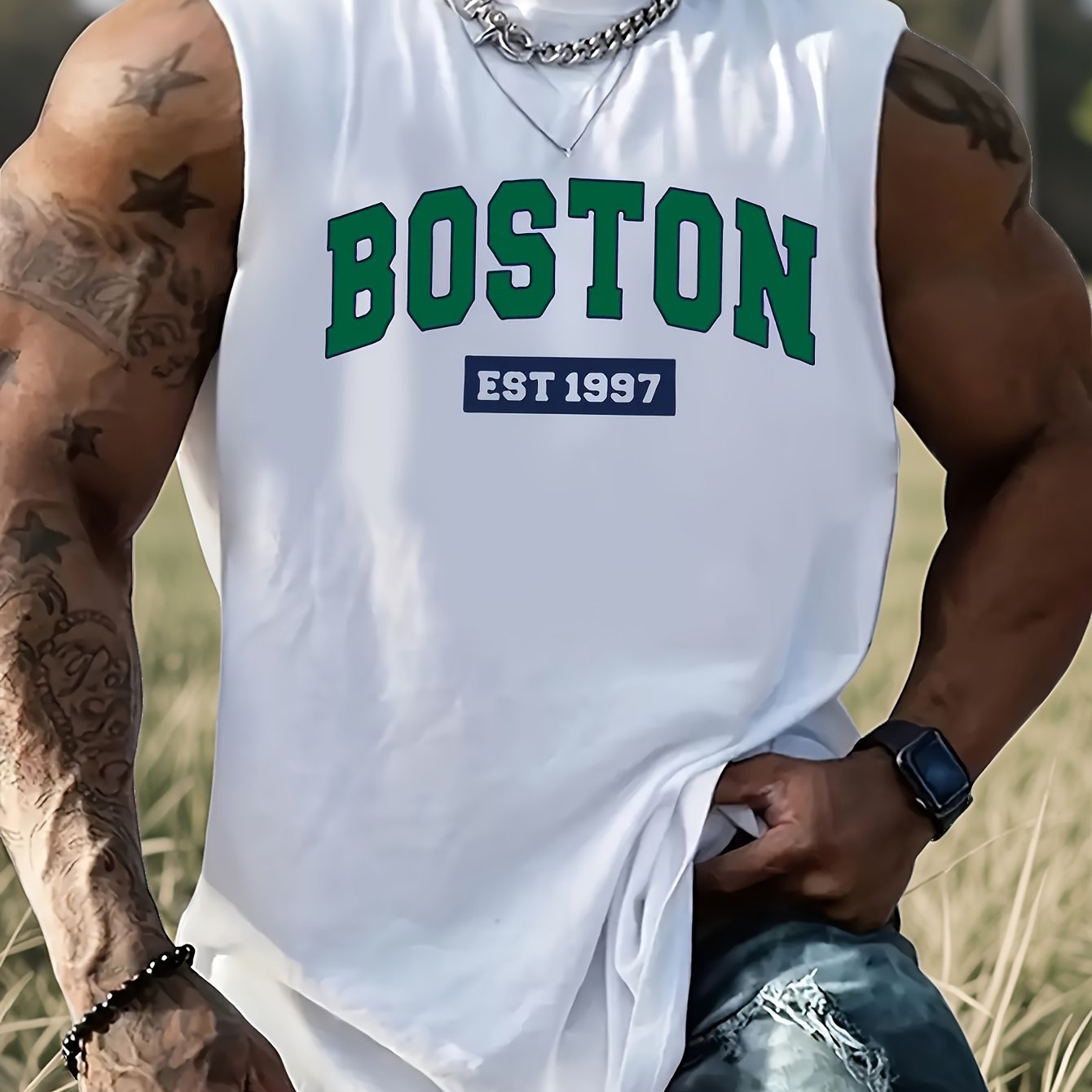 TEMU Men's Casual Letter Print Tank Top - "boston" Graphic, With Green Lettering, Regular Fit, Breathable & Comfortable For Daily Fitness, Plus Size,