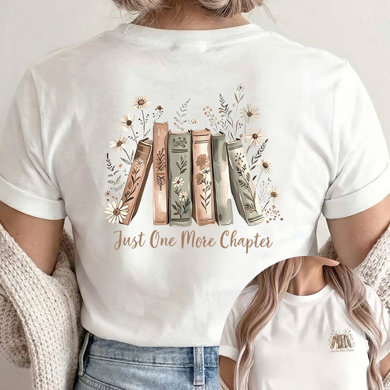 TEMU Casual Women's T-shirt With Book And Floral Pattern | Crew Neck, Short Sleeve, Printed Design For Spring And Summer