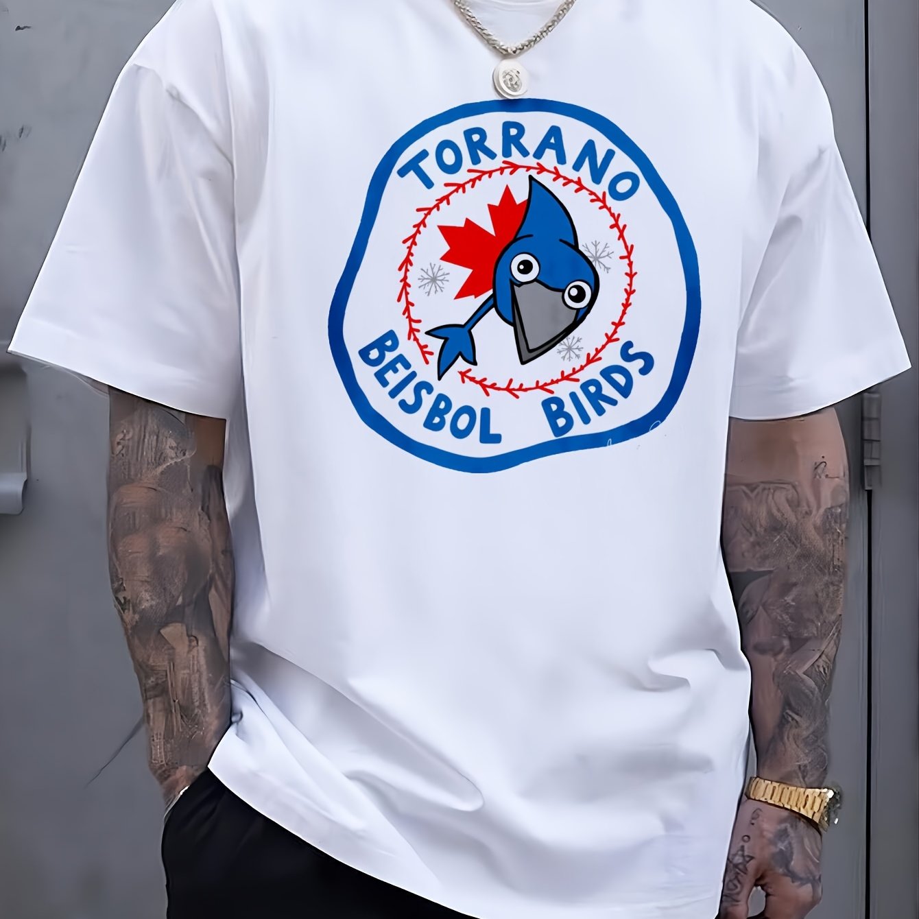 TEMU T-shirt blanc pour homme 2026 Baseball Logo Oiseaux et Poisson Bleu Design Respirante Homme Décontracté Top Polyvalent