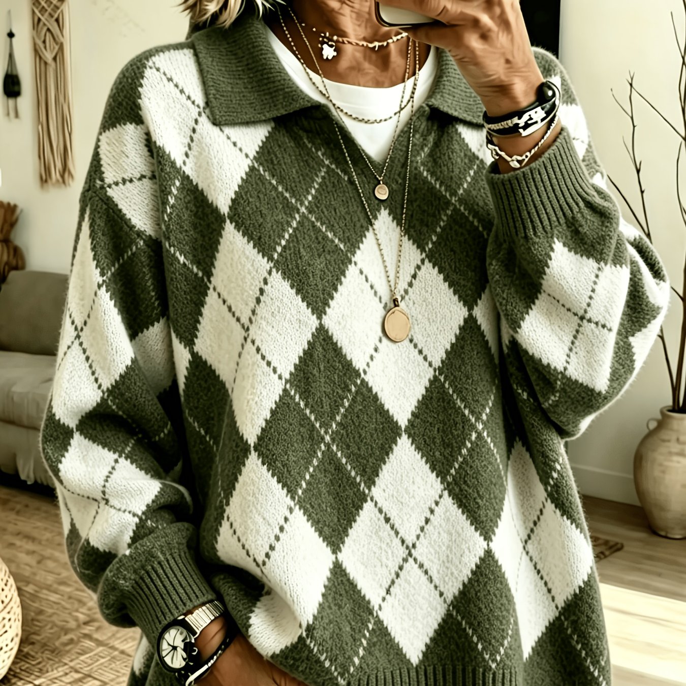 TEMU Plus Size, Women's Plus Size Vintage Lapel Sweater - Elegant Diamond Pattern Color-blocking Sweater Suitable For Fall/winter, Lapel Collar