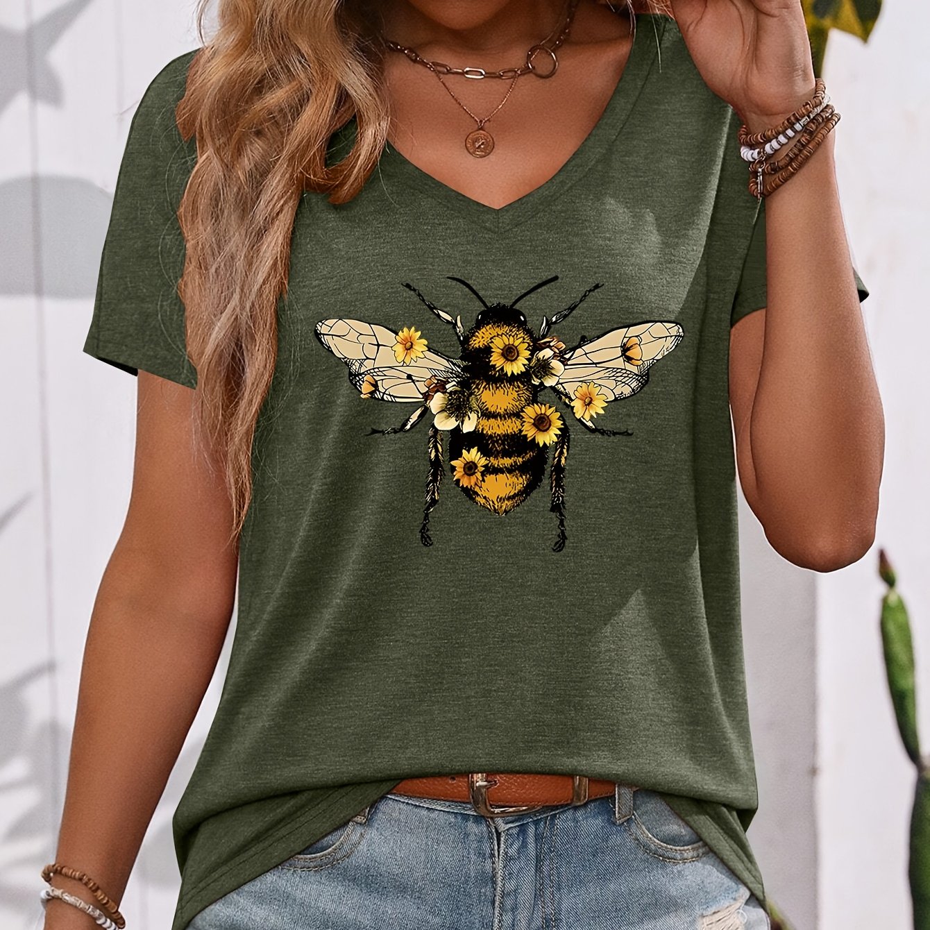 TEMU Retro, Natural, , And And Flower Pattern Printed Color V-neck Short-sleeved T-shirt, Casual, Fashionable V-neck Trendy Short Sleeves, Everyday