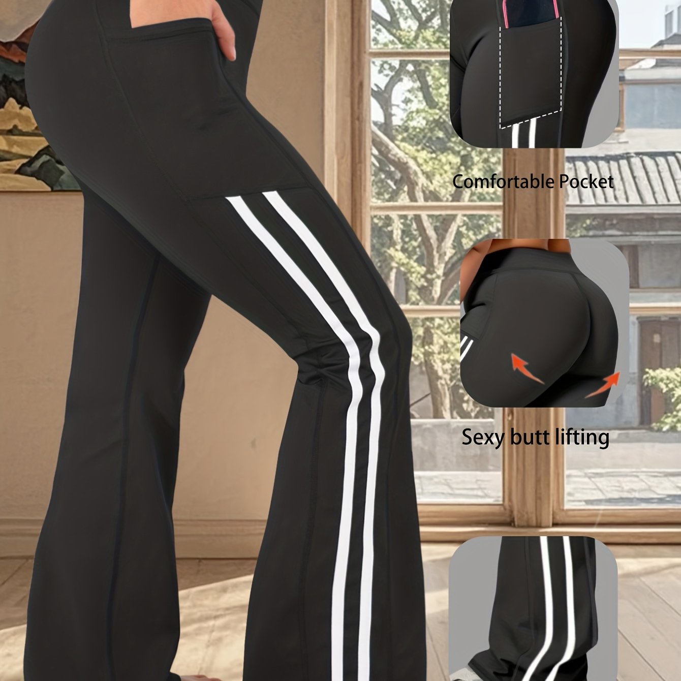 E-shop Damen High-Waist Yoga Hose mit Po-Lifting, ausgestelltem Schritt und kontrastfarbenen weißen Seitenstreifen in großen Größen, Wide Leg Leggings