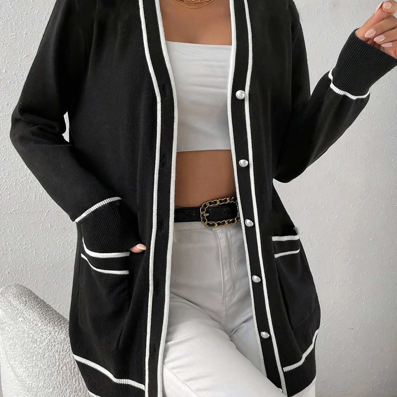 Plus Size - Plus Size - Western Elegant Spring/autumn Women's Plus Size Handmade Exquisite Pearl Button Contrast Color Top