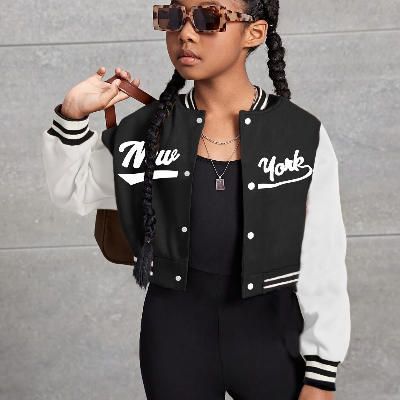 Girls' Fashion Cropped Letter Jacket Color Block Varsity Jacket