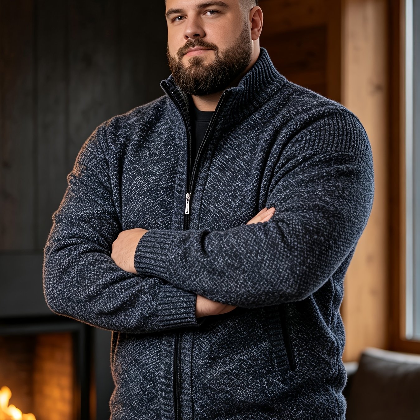 TEMU Men's Plus Size Knit Cardigan Sweater, Long Sleeve Casual Loose Fit Knitted Jacket With Pockets, Fall Winter Vintage Marled Textured For Big