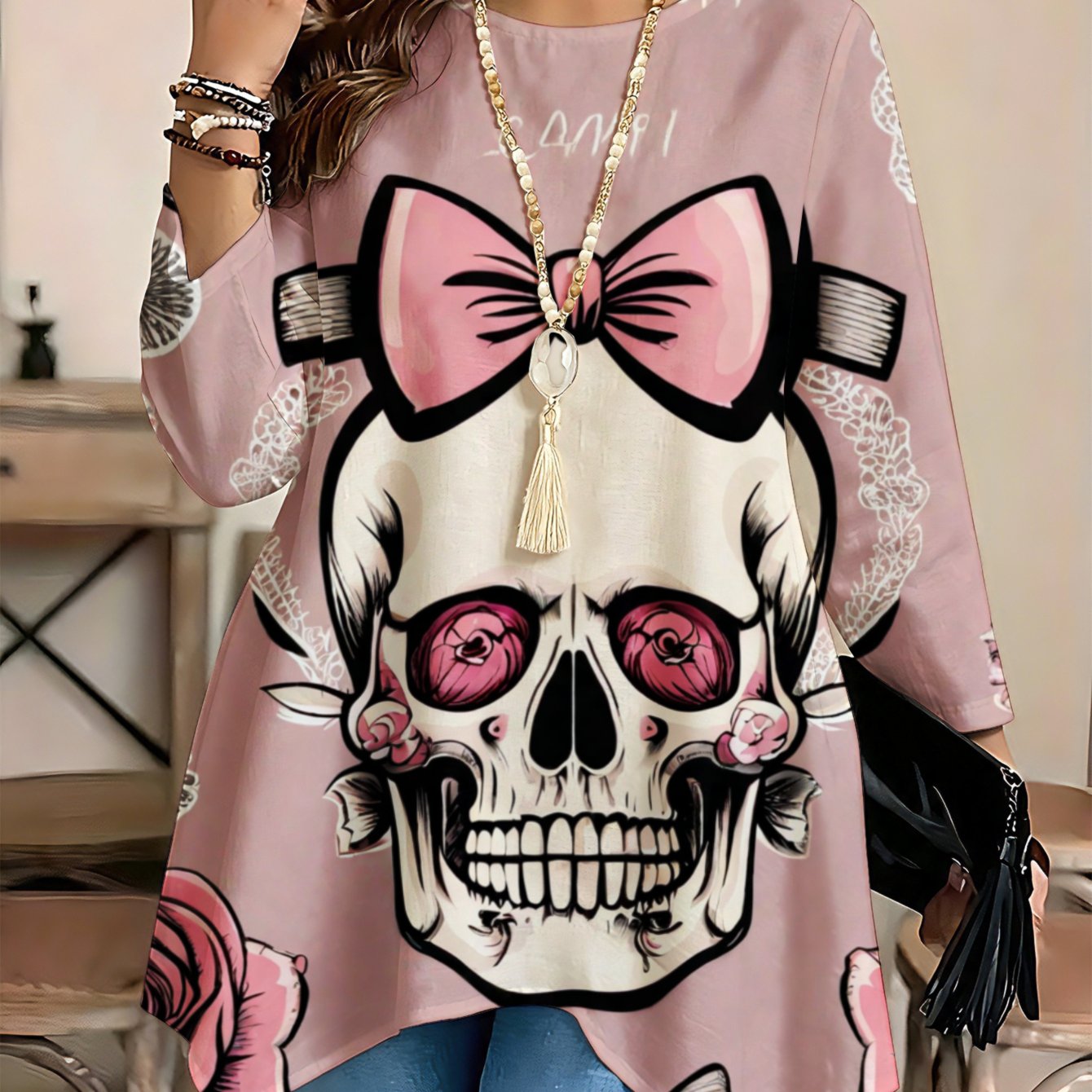 Image of Plus Size - Fashionable , Women's Long-sleeve Blouse With Round Neck And Asymmetric Hem Skull Bow Print, Elegant For Spring And Summer Wear, For Plus-size Women