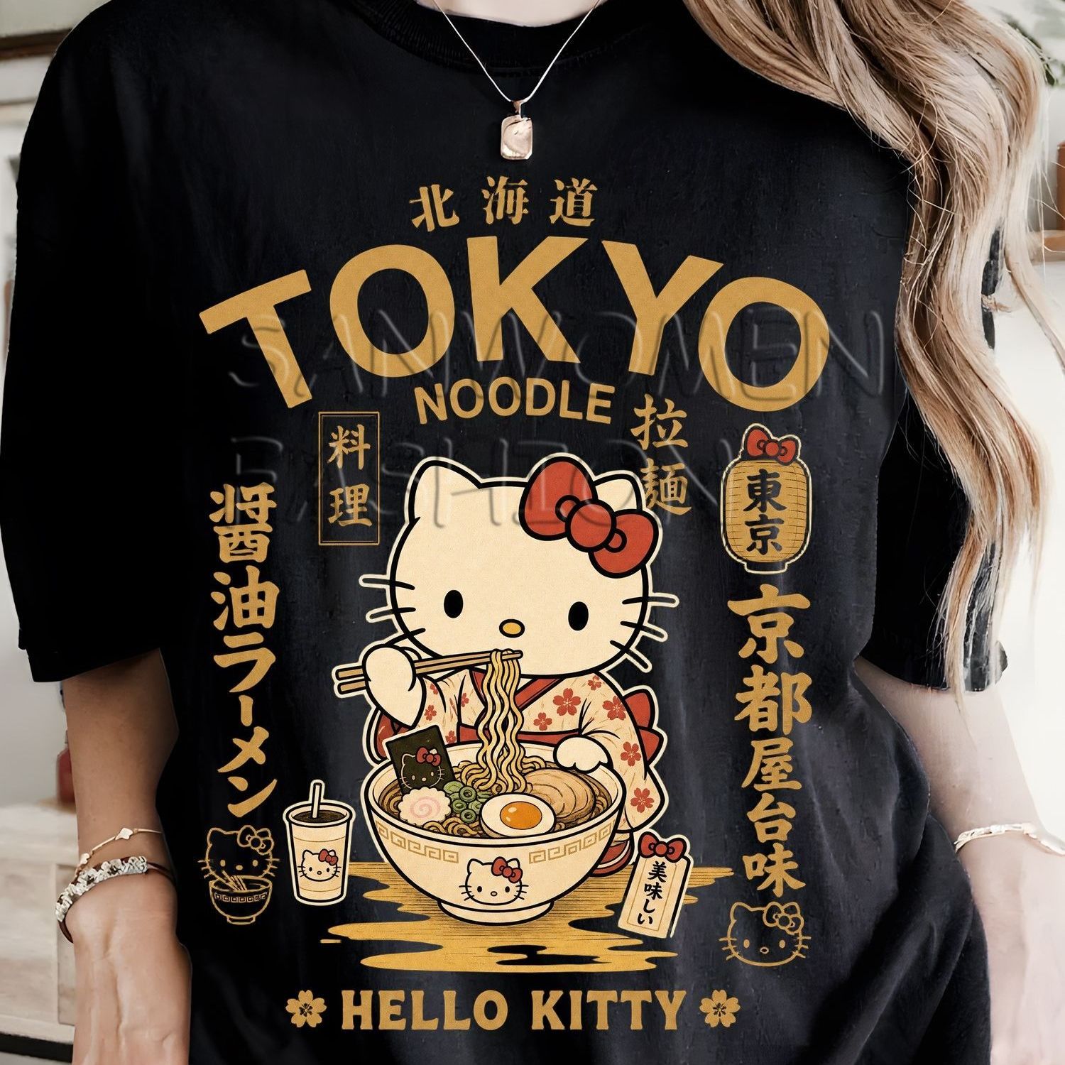 TEMU Women's Hello Kitty Japanese T-shirt - & Noodle Retro Tee With Print, Kimono Bowl, Round Neck Casual Shirt Suitable For , Machine Washable For,