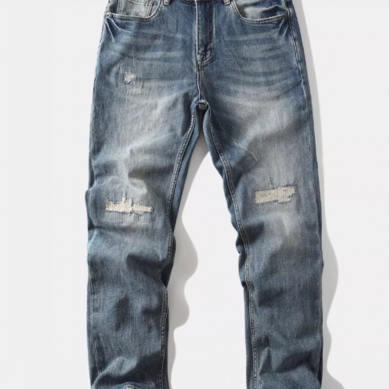 Image of [hme] H233men's Jeans Mid-rise Stretch Slim Straight Fit, Amekaji Style With Washed Ripped& Patch Details. Natural Fading, Denim, Machine Washable, Staple