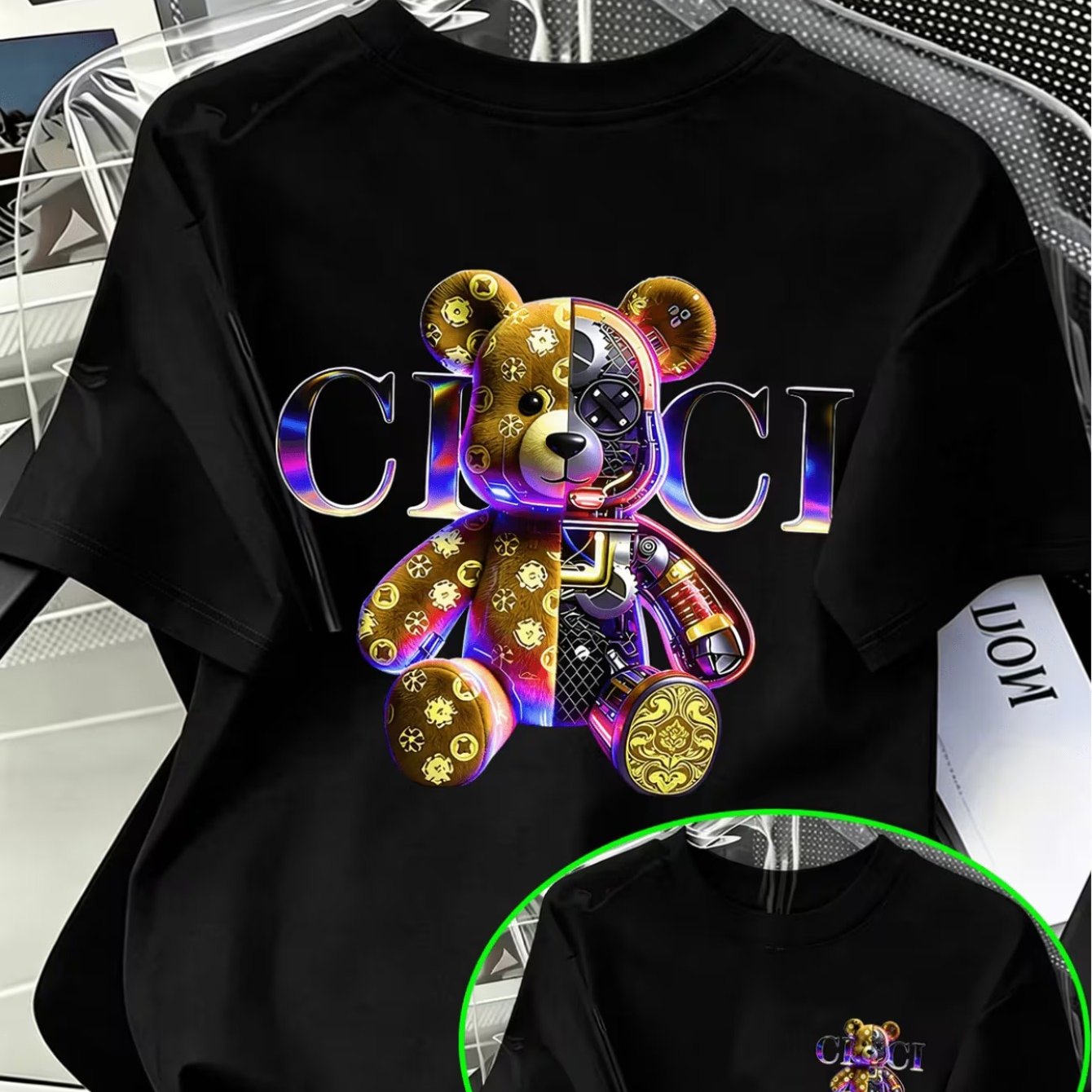 TEMU Mechanical Bear Letter Print T-shirt, Featuring A Half-, Half-vintage Bear Graphic And The Logo. Combined With A Laser Metal Gradient Effect, It