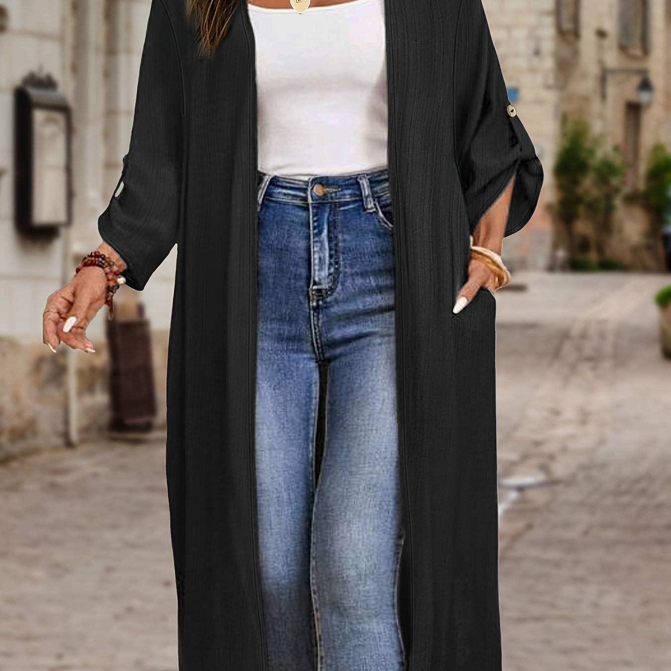 TEMU Plus Size - Extended Plus Size Women's Clothing Button Decor Solid Round Neck Loose Elegant Style Women's Cardigan