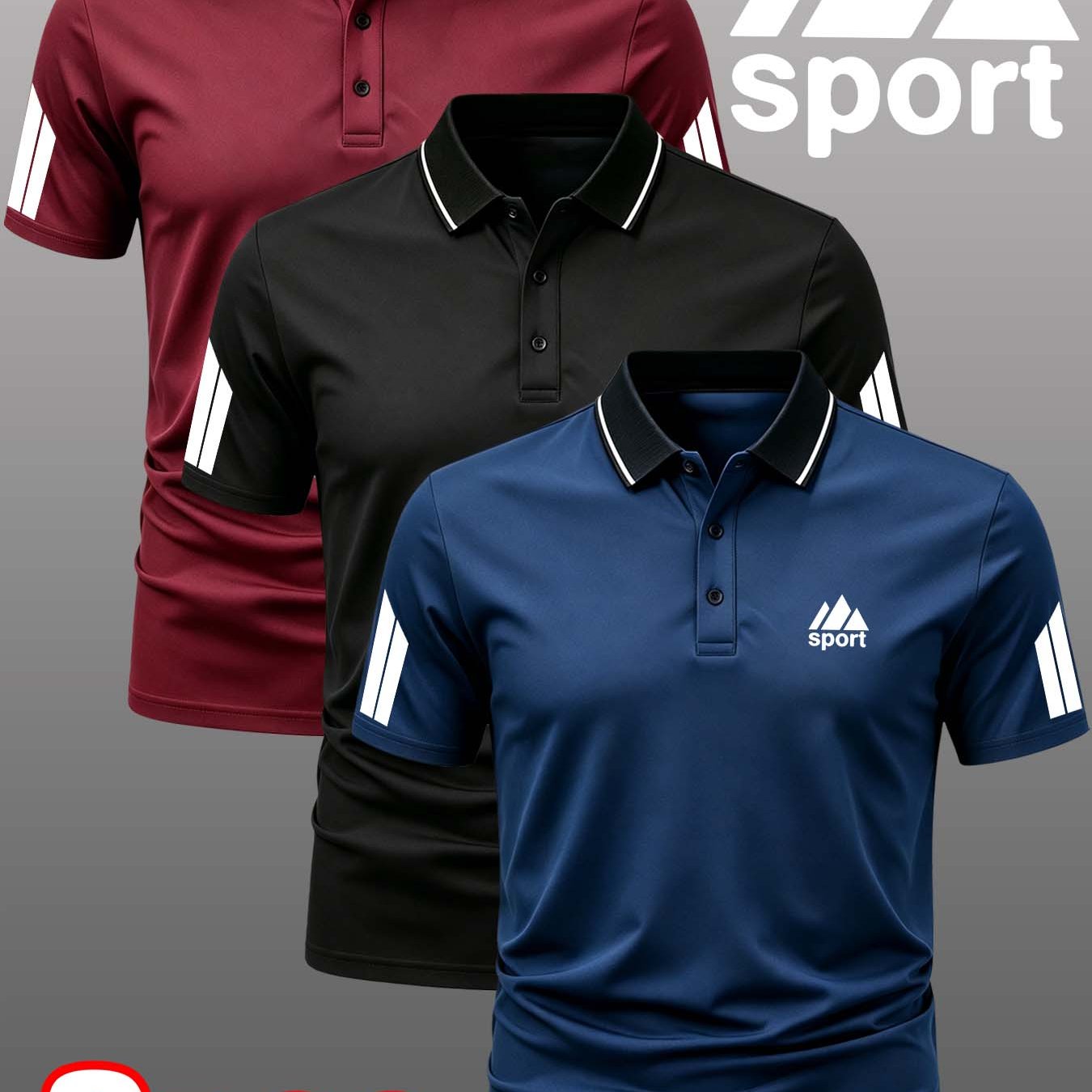 TEMU Sport Geometric 3pcs Men's Outdoor Golf, Equestrian Casual Collar Short Sleeve, Mature Men's Business Casual , Breathable Comfortable Quick-dry,