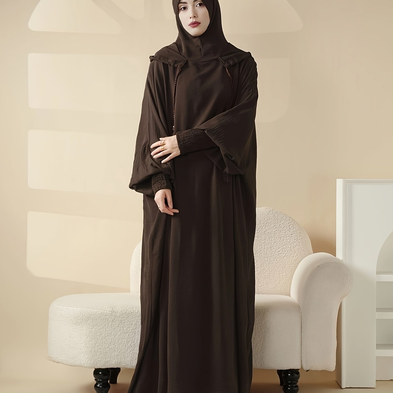 TEMU Women' Color Loose Fit Batwing Sleeve Fringe Drawstring Hooded Hoodie For Daily Wear Clothing Abaya Gown