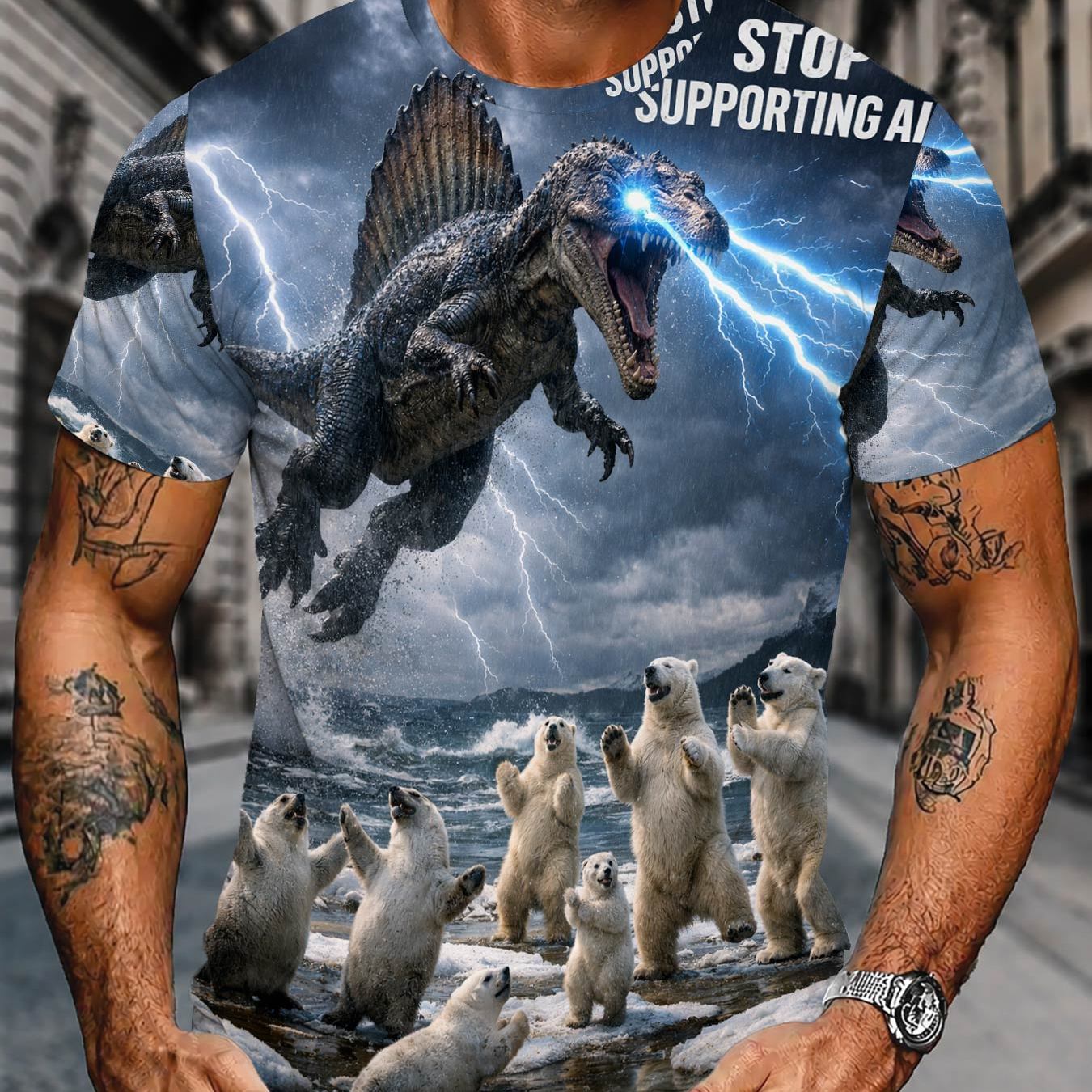 TEMU Funny Dinosaur Polar Bear Print Men's Short Sleeve T-shirts, Suitable For Daily Outdoor Travel And Multiple , Loose Comfortable Breathable Crew