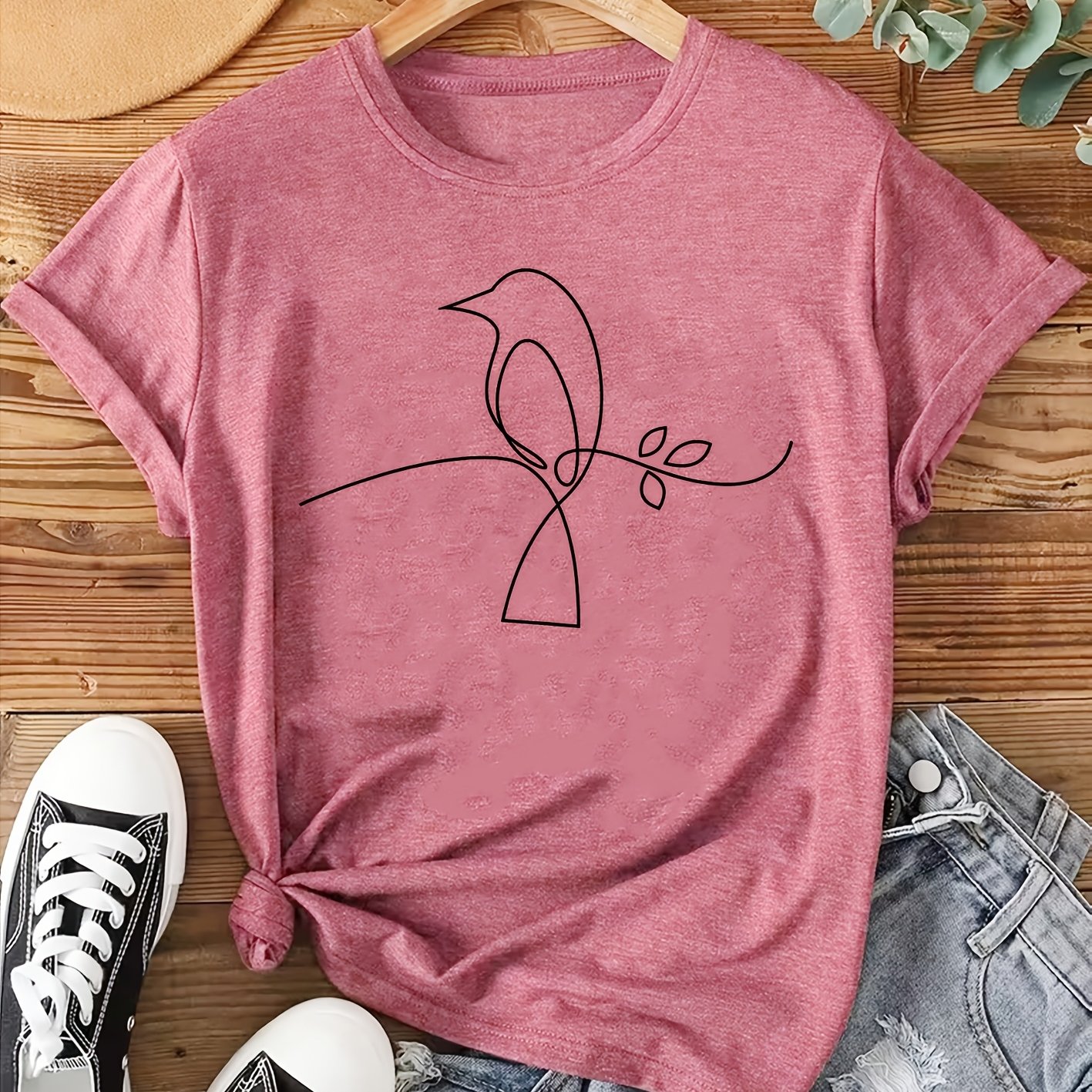 TEMU Elegant Women's Short Sleeve T-shirt | Artistic Bird Print, Comfortable And Breathable, Casual Crew Neck, Suitable For , Sizes S-xxl