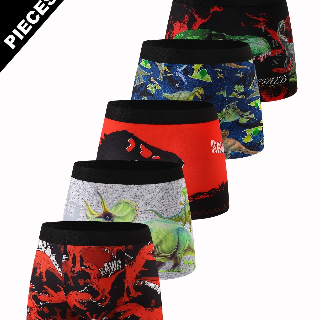 Image of 5pcs Boys' Cool Colorful Dinosaur Print Boxer Briefs, Cartoon Soft Underwear For Little Boys, Pc Of 5
