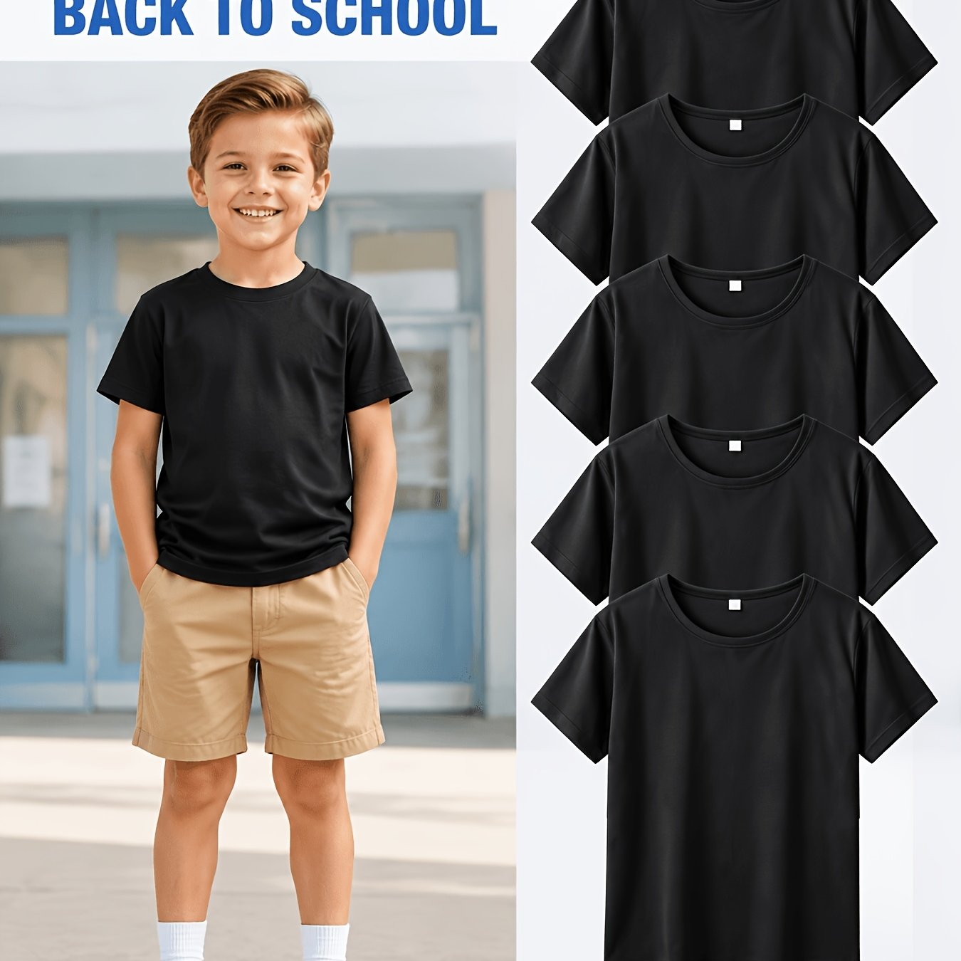 TEMU 5pcs Boys' Solid Black Crew Neck Short Sleeve Mesh T-shirts, Breathable Quick- Tees 4-16, Back To School Everyday Basics