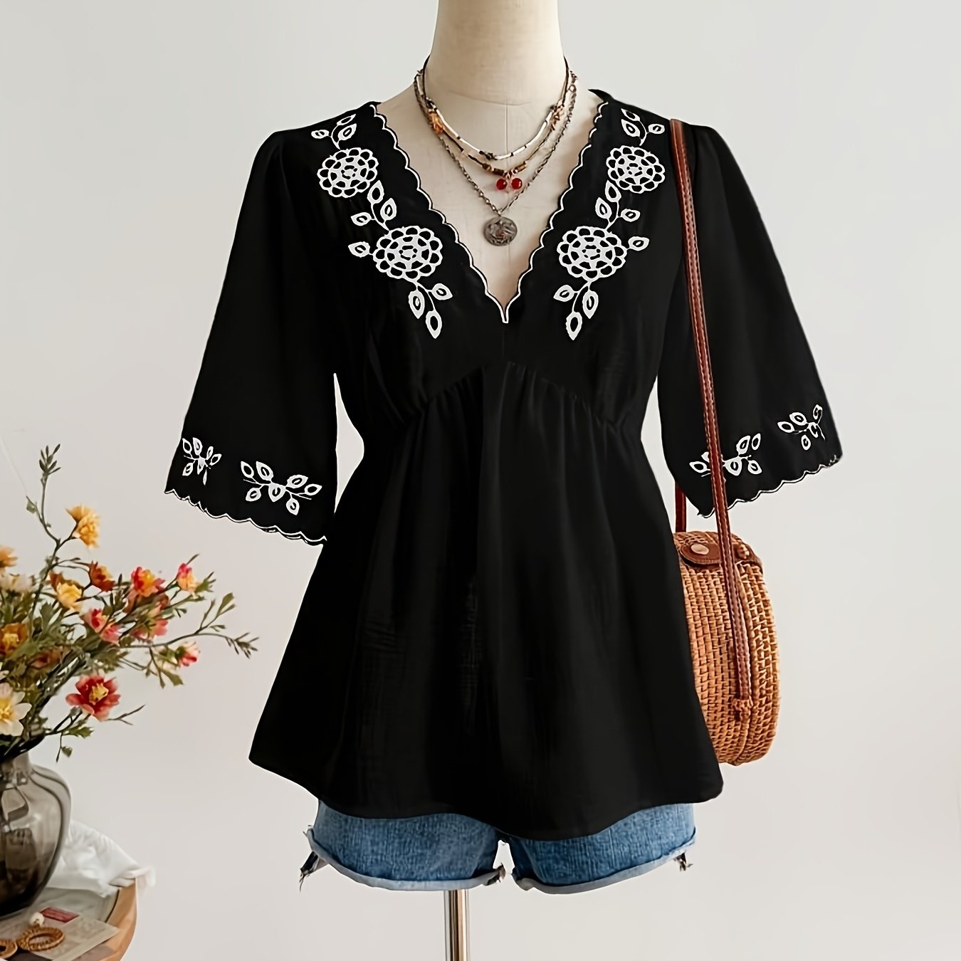 TEMU [ak260312266] Women's Short Sleeve V-neck Casual Vacation Embroidered Top, Bohemian Easter Beach Outfit, Festival Tropical Holiday, Black Summer