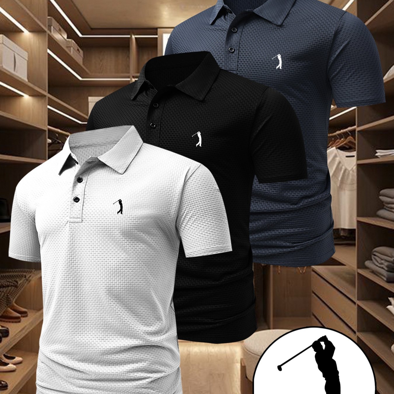 TEMU 3pcs Men's Golf Pattern Outdoor Golf & Equestrian Casual Shirt With Short Sleeves, Textured Fabric, Mature Men's Business Casual Jacquard