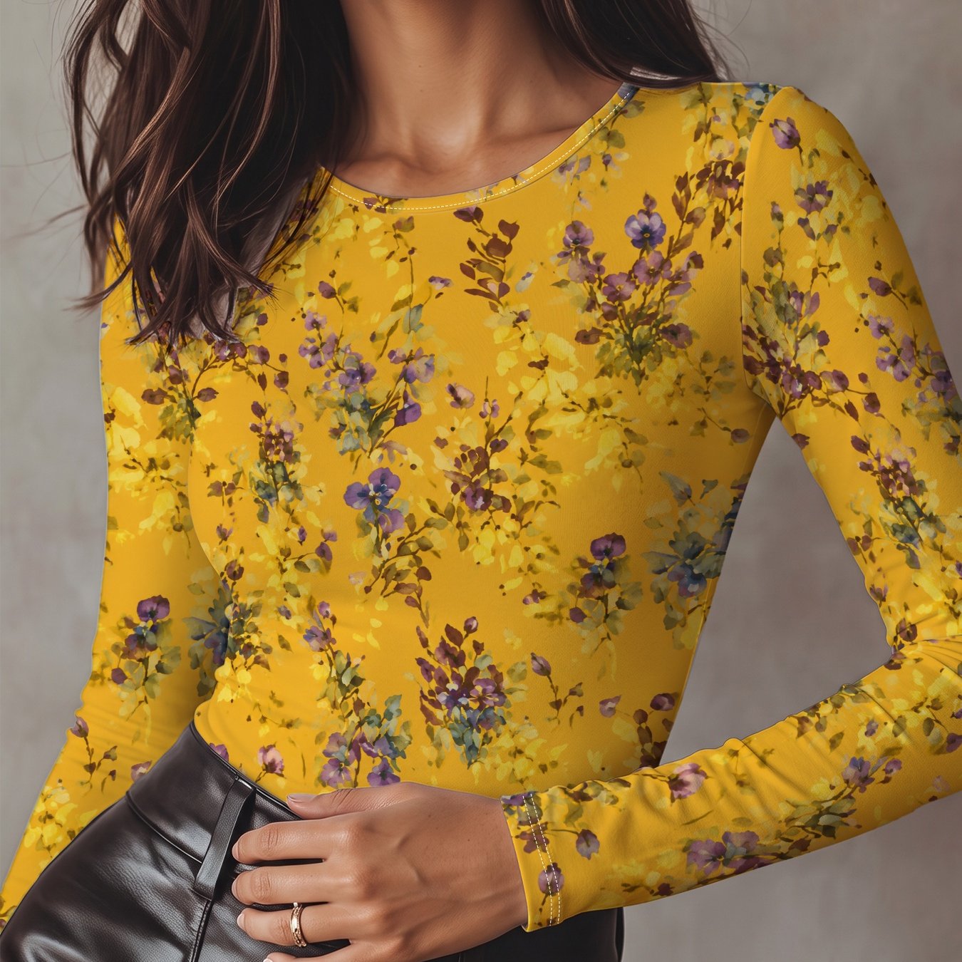 TEMU Women's Round Neck Long Sleeve T-shirt, Floral Branch Watercolor Bleeding Pattern, Soft Comfortable Full Print Design Machine Washable Elegant
