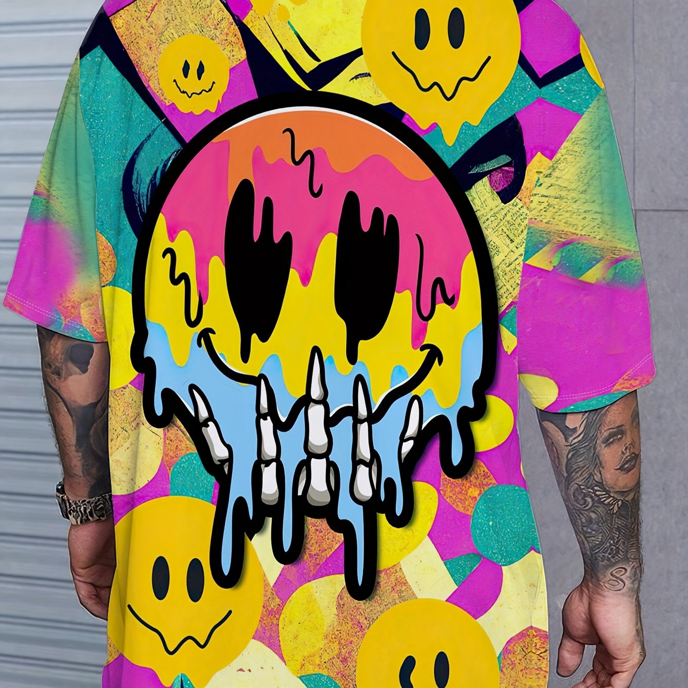 TEMU Men's Plus-size Casual T-shirt Features A Fun And Happy Face Print With A Vibrant . It Has Short Sleeves And A Round Neck, Making It Outdoor