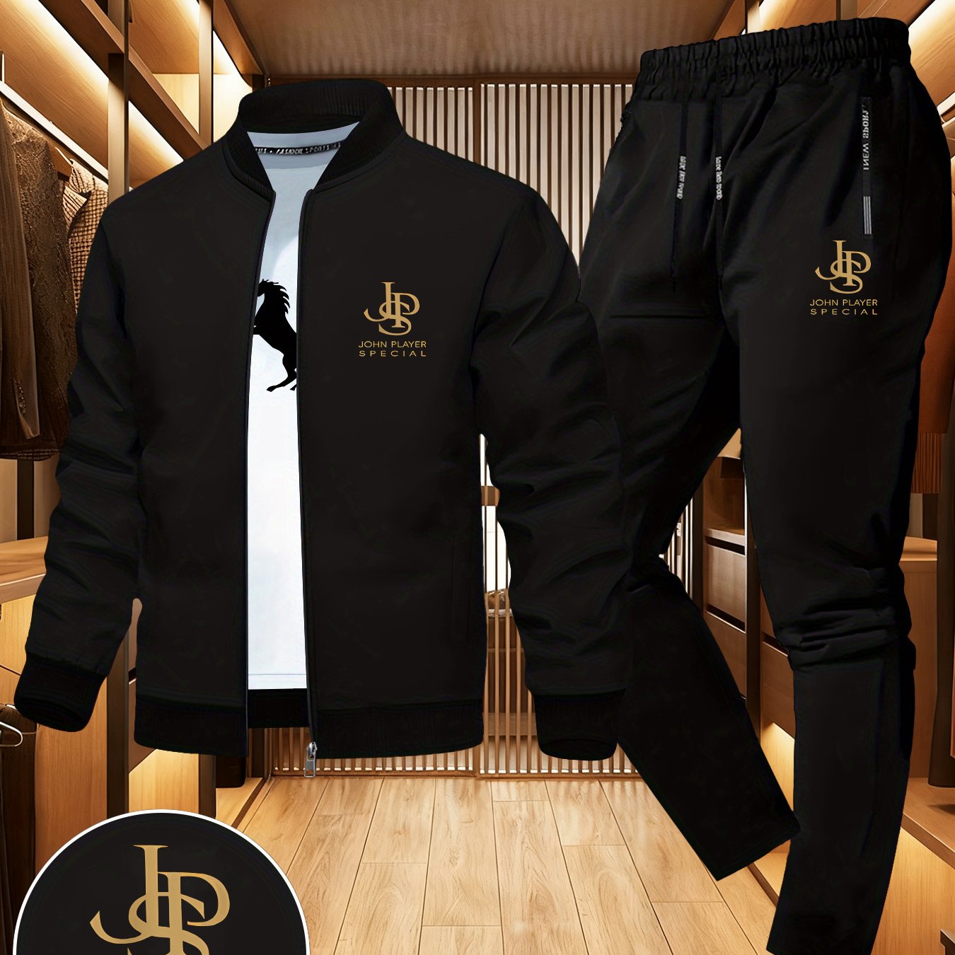 E-shop 2-teilig Herren Slim-Fit-Jacke sportliche , mit vergoldetem elegantem Aufdruck, aus glattem Polyestergewebe, eine Freizeit-Oberbekleidung mit