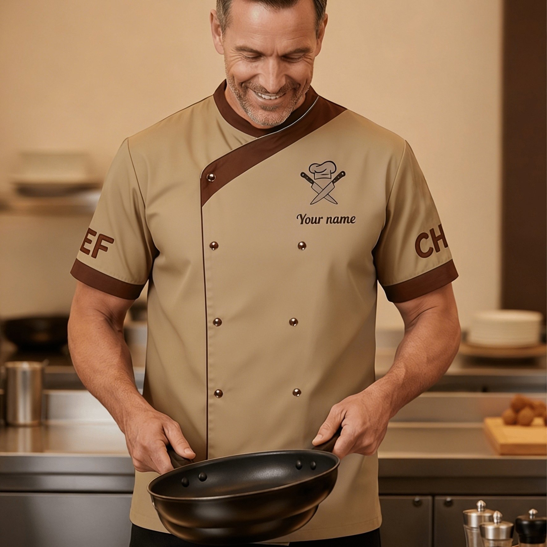 TEMU Custom Chef Uniform T-shirt With Name/text Panel - Print Suitable For Professional Kitchen, Short Sleeve Round Neck Gift For Chefs, Machine