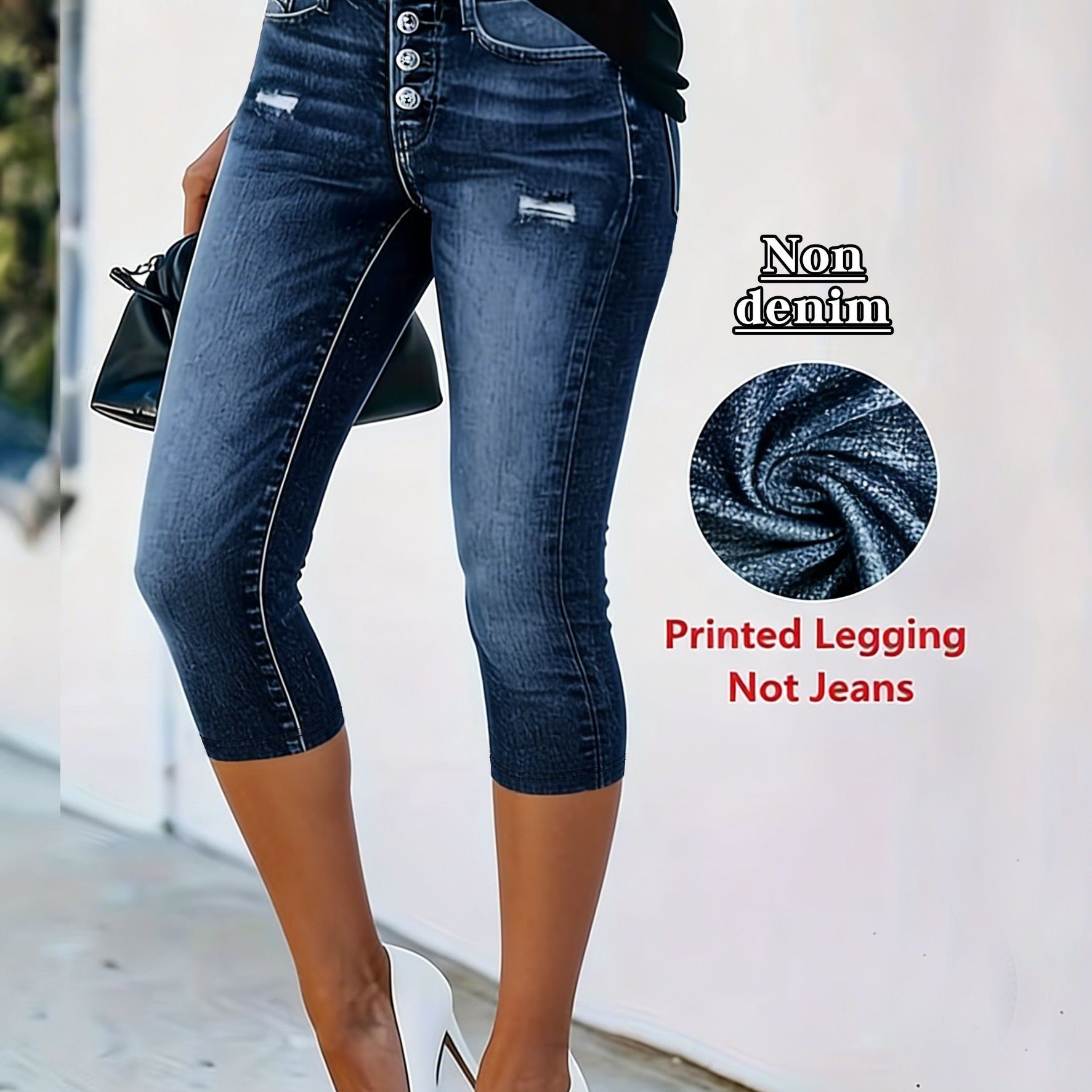 TEMU Leggings estampados para mujer - Tela mezclilla, Leggings tipo mezclilla de , Pantalones elásticos ajustados, Pantalones capri estampados