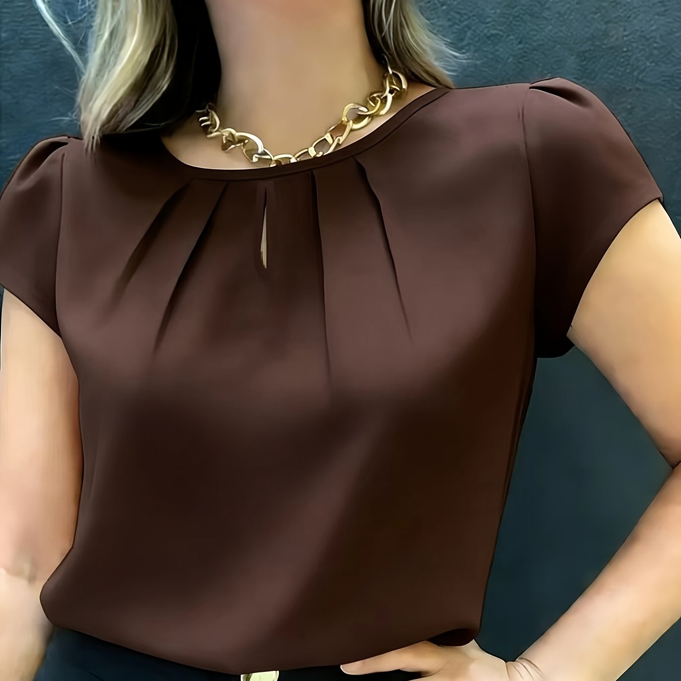 TEMU Ladies' Elegant And Fashionable Solid-color Round-neck Pleated Blouse