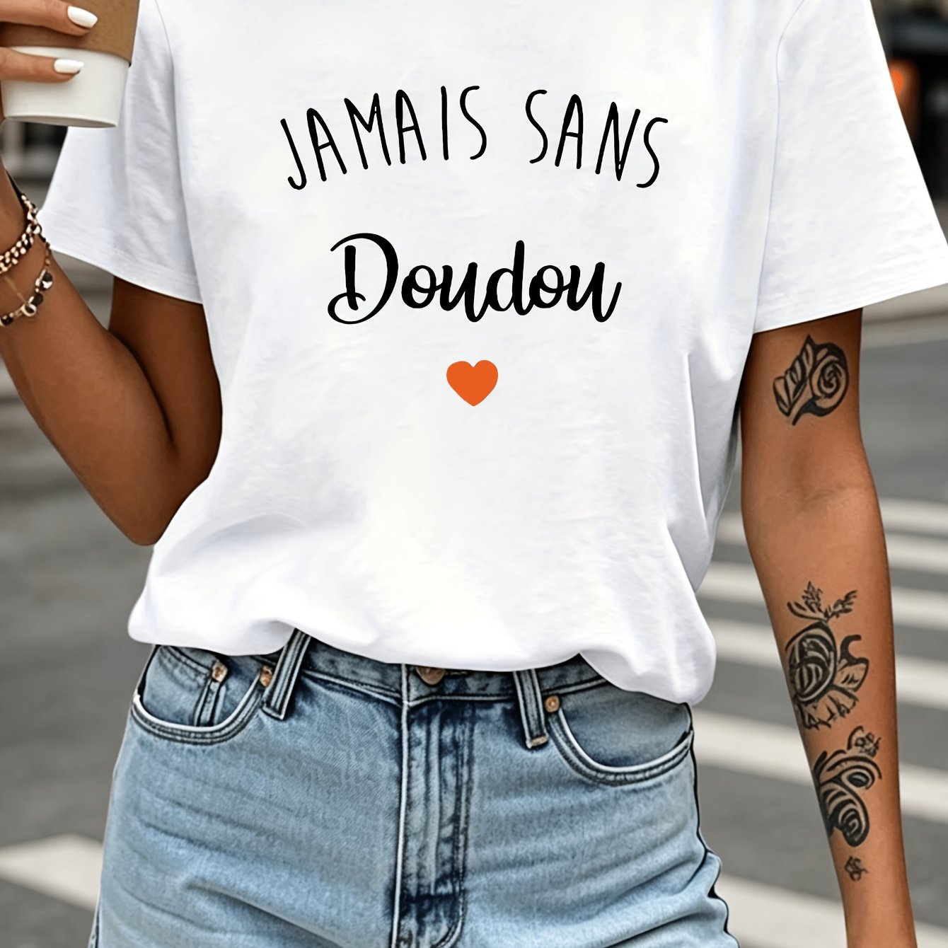 TEMU T-shirt Femme Printemps Été Col Rond Doudou French Love Parent - Impression Courte, Décontracté, Polyvalent, Fête de Festival de Shopping,