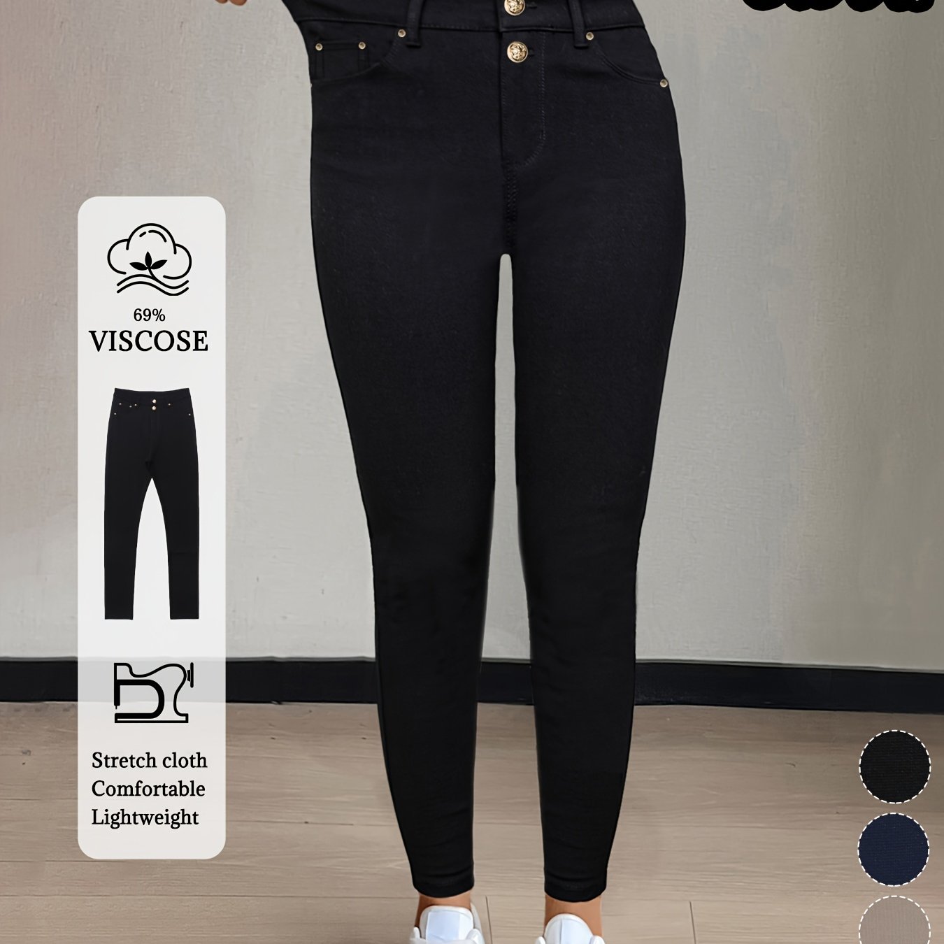 Image of Women's High-waist Stretch Street Style Solid Color Tight Double-button Front Closure Fashion Outdoor Trousers
